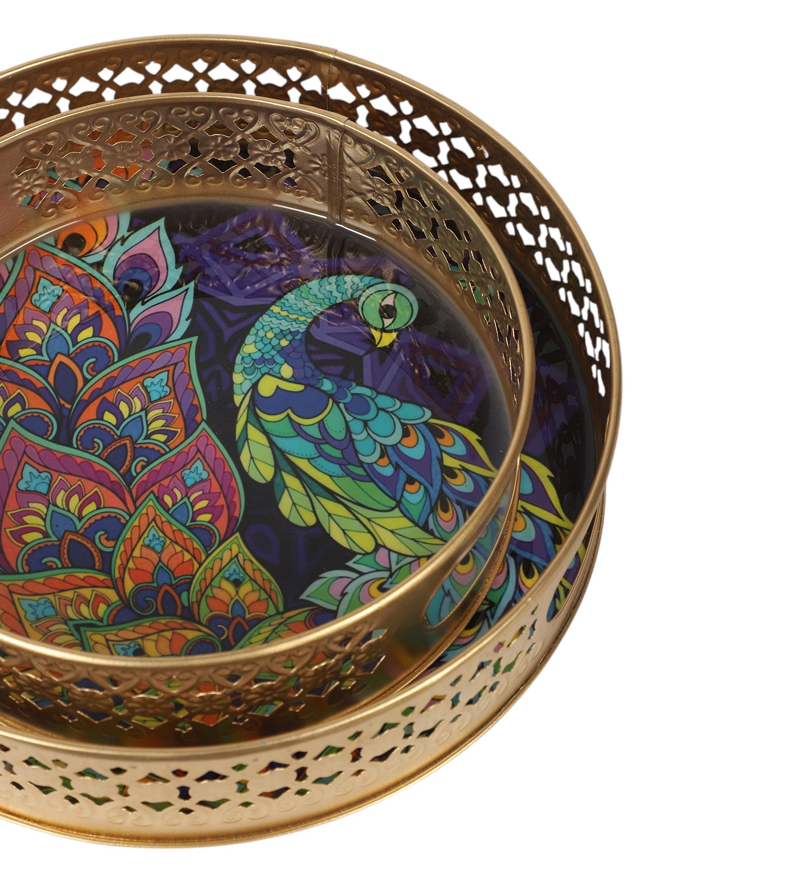 Ethnic Indian Peacock Design Serving Trays Set (8 Inches & 10 Inches), Plates for Home