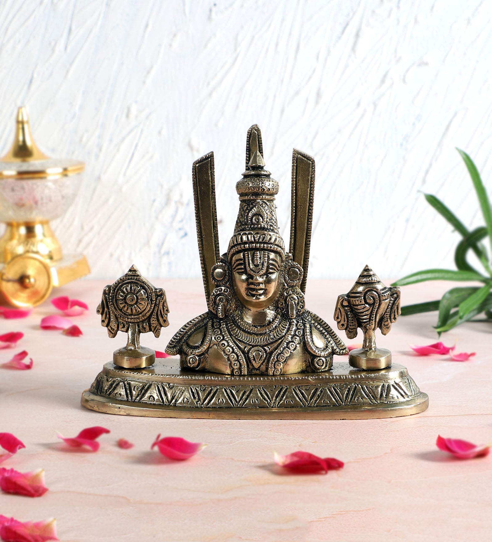 Shankh Chakra Namah with Balaji Brass Idol, Brass Balaji Statue