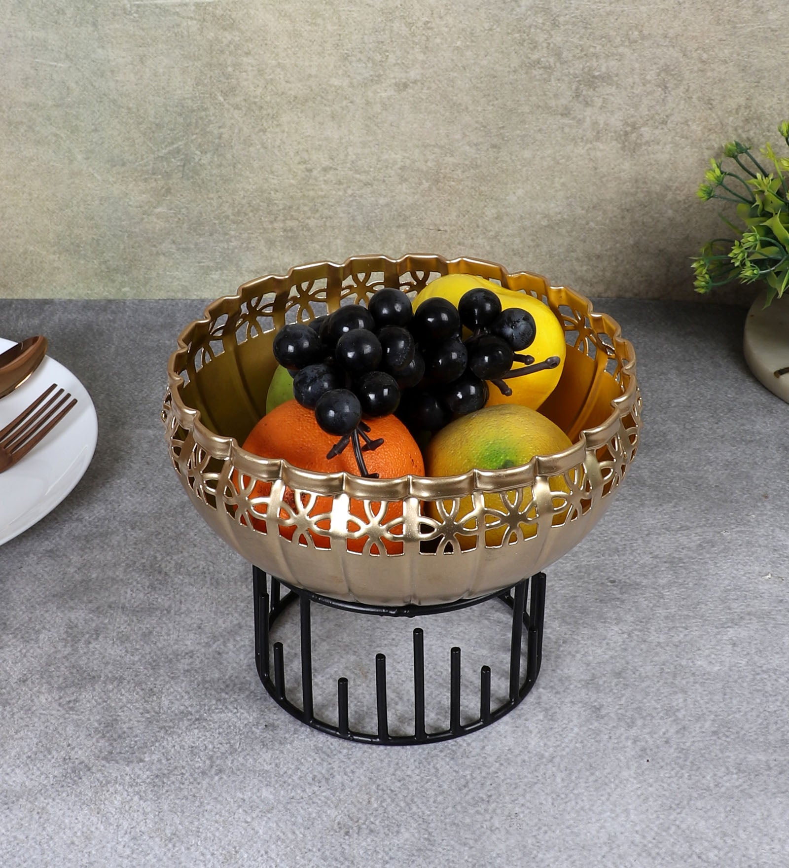 Metal 8 Inches Ethnic Design Decorative Urli Bowl with Stand, Urli Bowl for Home Decor