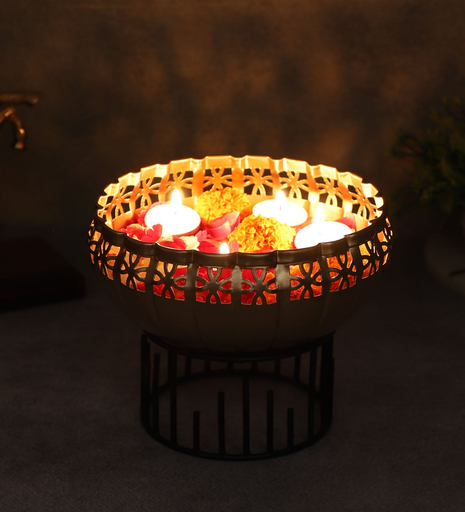 Metal 8 Inches Ethnic Design Decorative Urli Bowl with Stand, Urli Bowl for Home Decor