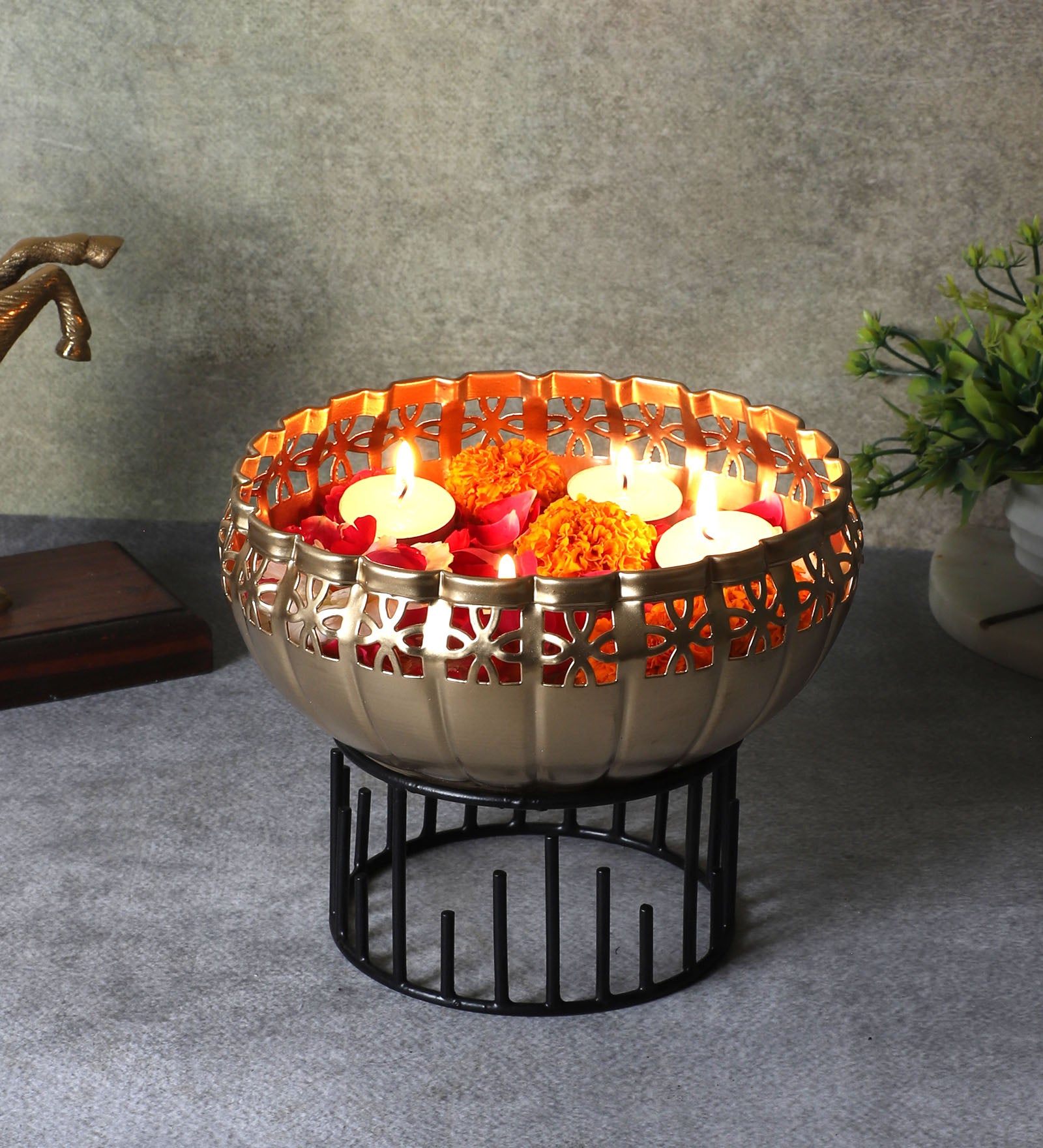 Metal 8 Inches Ethnic Design Decorative Urli Bowl with Stand, Urli Bowl for Home Decor