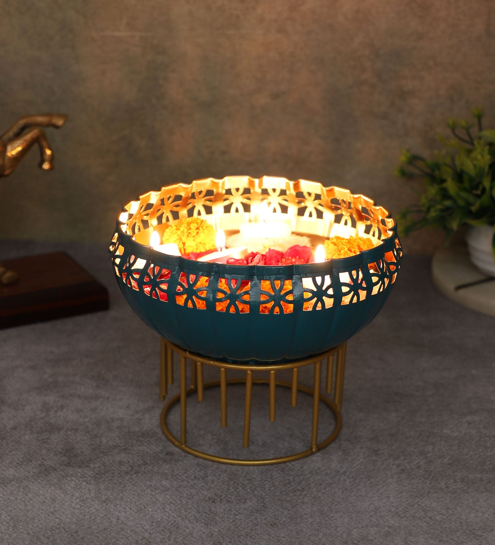 Metal 8 Inches Decorative Urli with Stand, Urli Bowl for Home Decor, Flowers Decoration Bowl, Urli Bowl for Floating Flowers