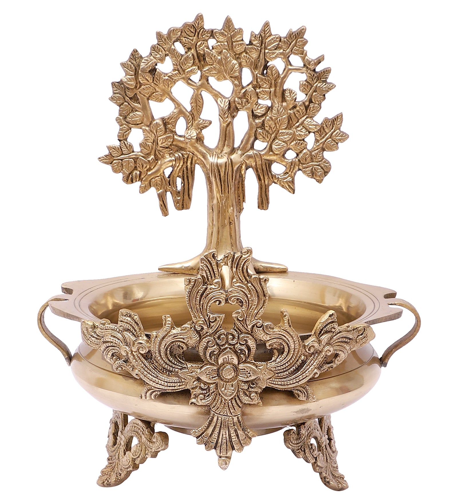 Ethnic Design 14 Inches Brass Urli Bowl with Brass Banyan Tree Showpiece