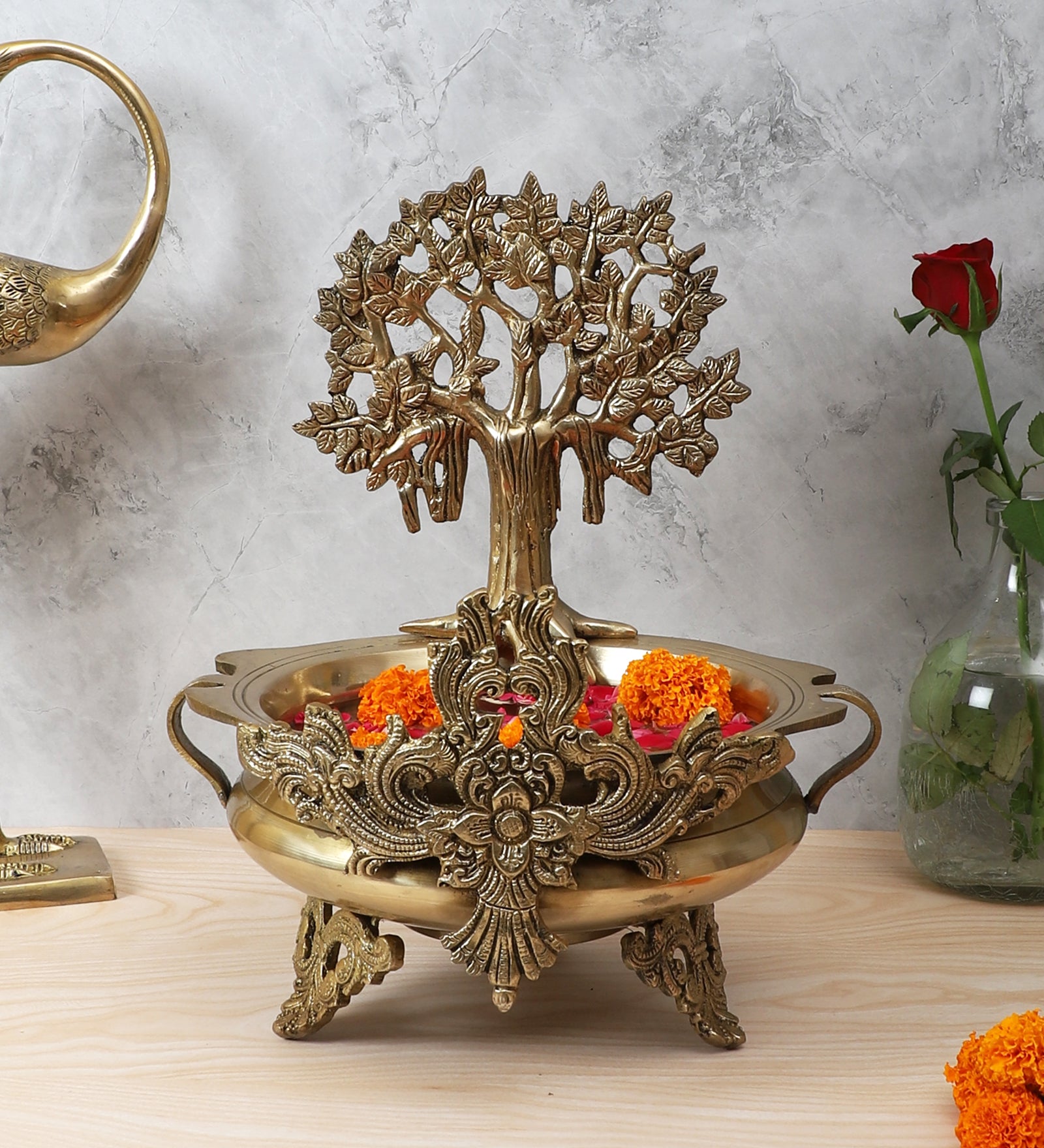 Ethnic Design 14 Inches Brass Urli Bowl with Brass Banyan Tree Showpiece