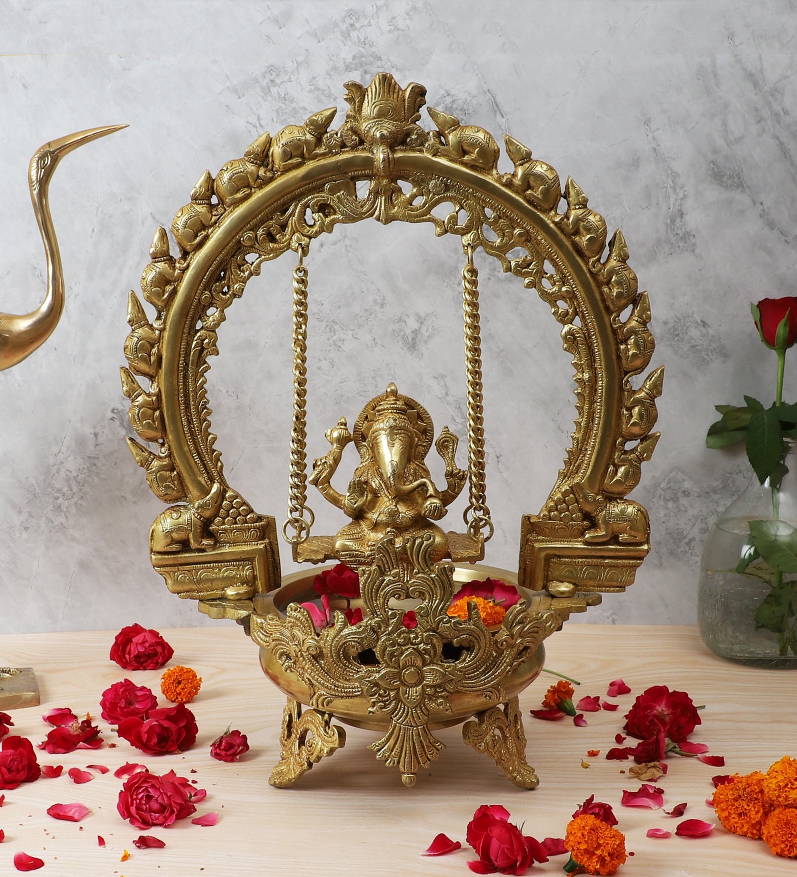 Ethnic Design 18 Inches Swing Ganesha Brass Urli Showpiece