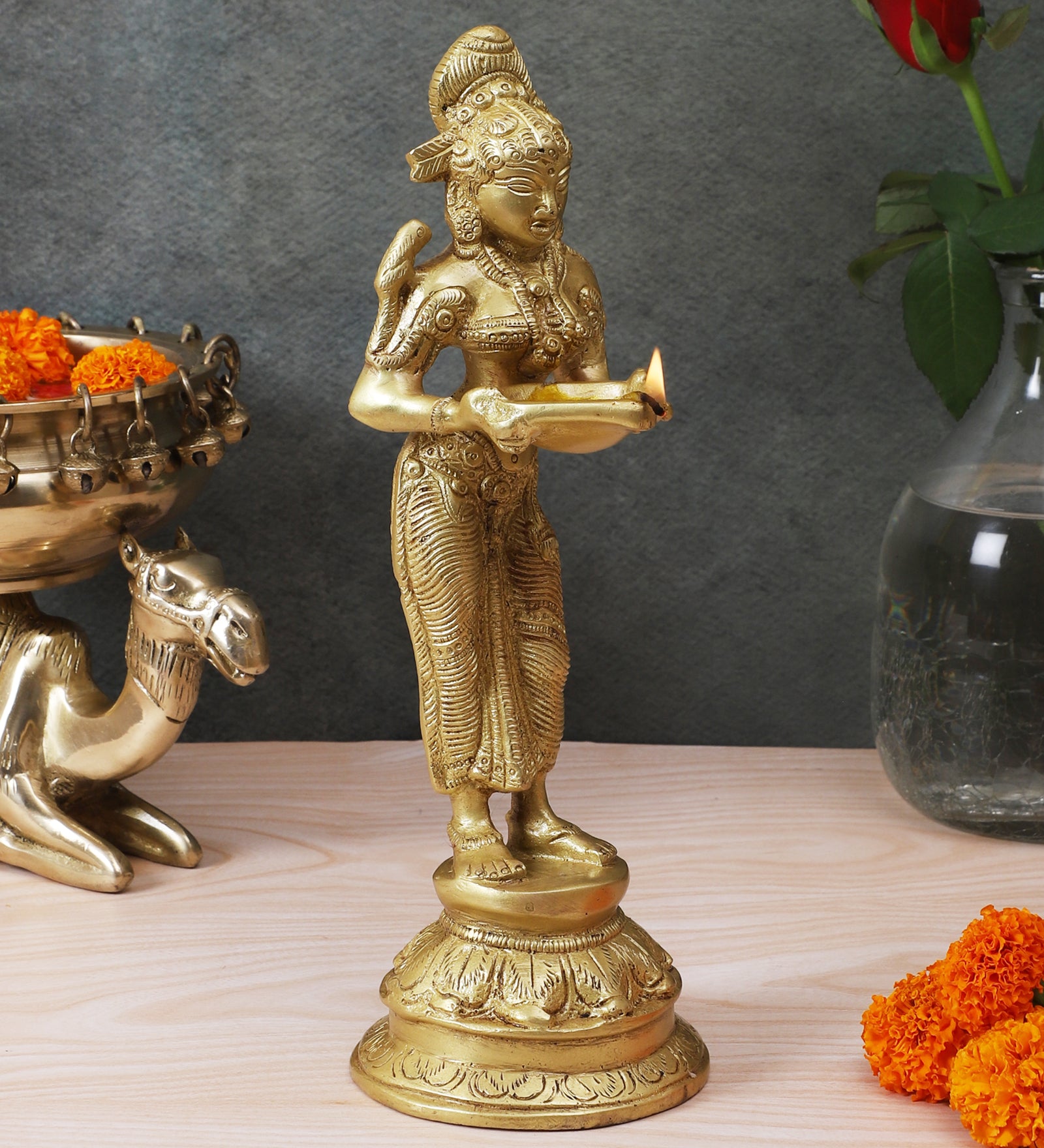 Brass Apsara Holding Diya Statue, Brass Apsara Idol for Home Decor