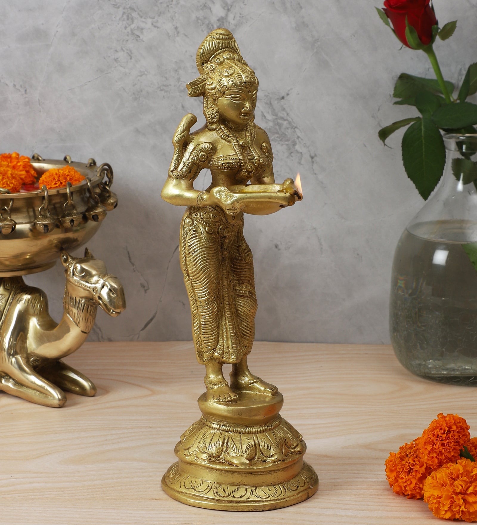 Brass Apsara Holding Diya Statue, Brass Apsara Idol for Home Decor