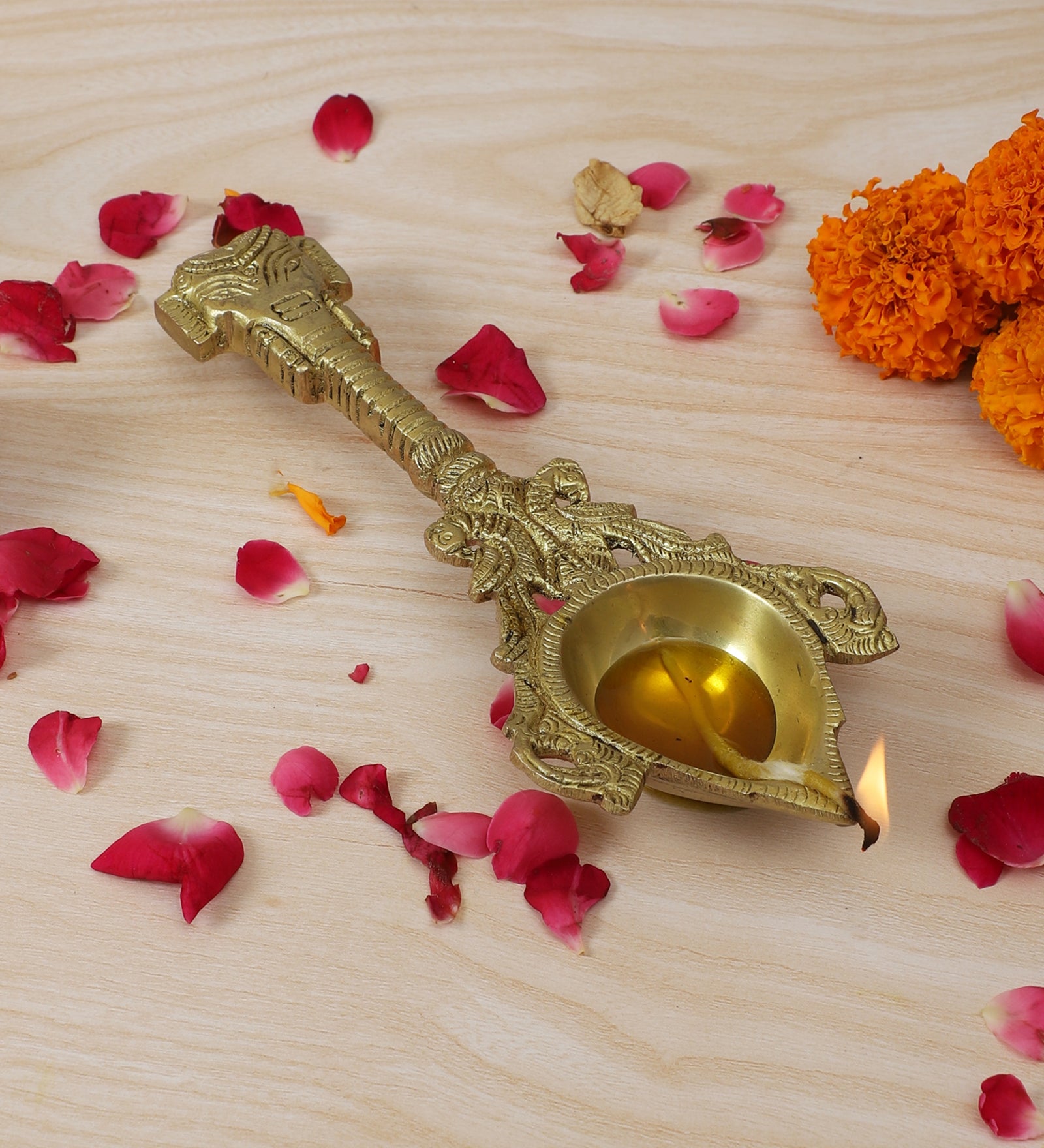 Brass Ganesha Design Pooja Aarti Spoon, Hawan Spoon for Pouring Ghee in Hawan Kund