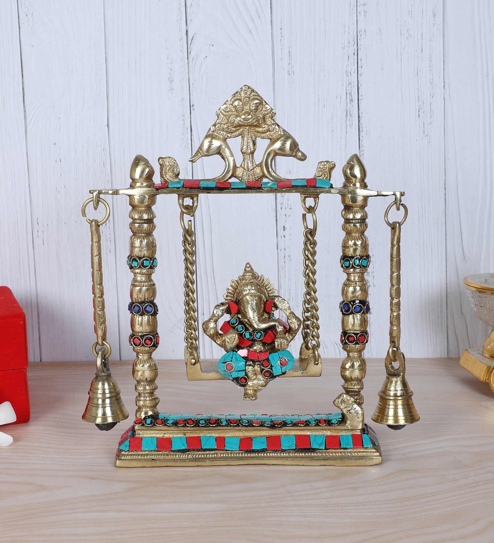 Gemstone Work Ganesha on Jhoola Swing with Bells Brass Showpiece, Brass Showpiece for Home Decor