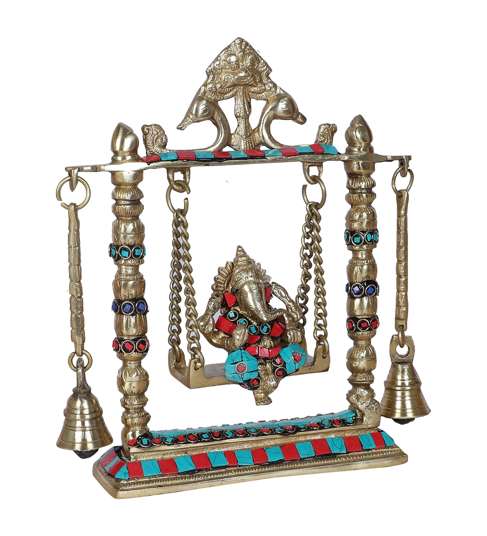 Gemstone Work Ganesha on Jhoola Swing with Bells Brass Showpiece, Brass Showpiece for Home Decor