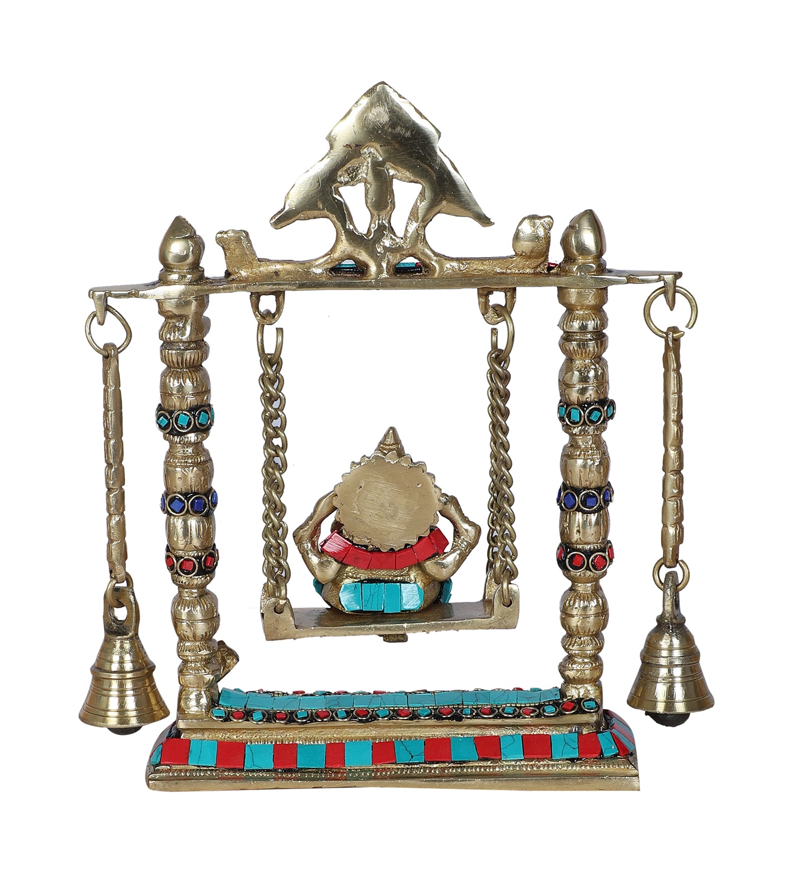 Gemstone Work Ganesha on Jhoola Swing with Bells Brass Showpiece, Brass Showpiece for Home Decor