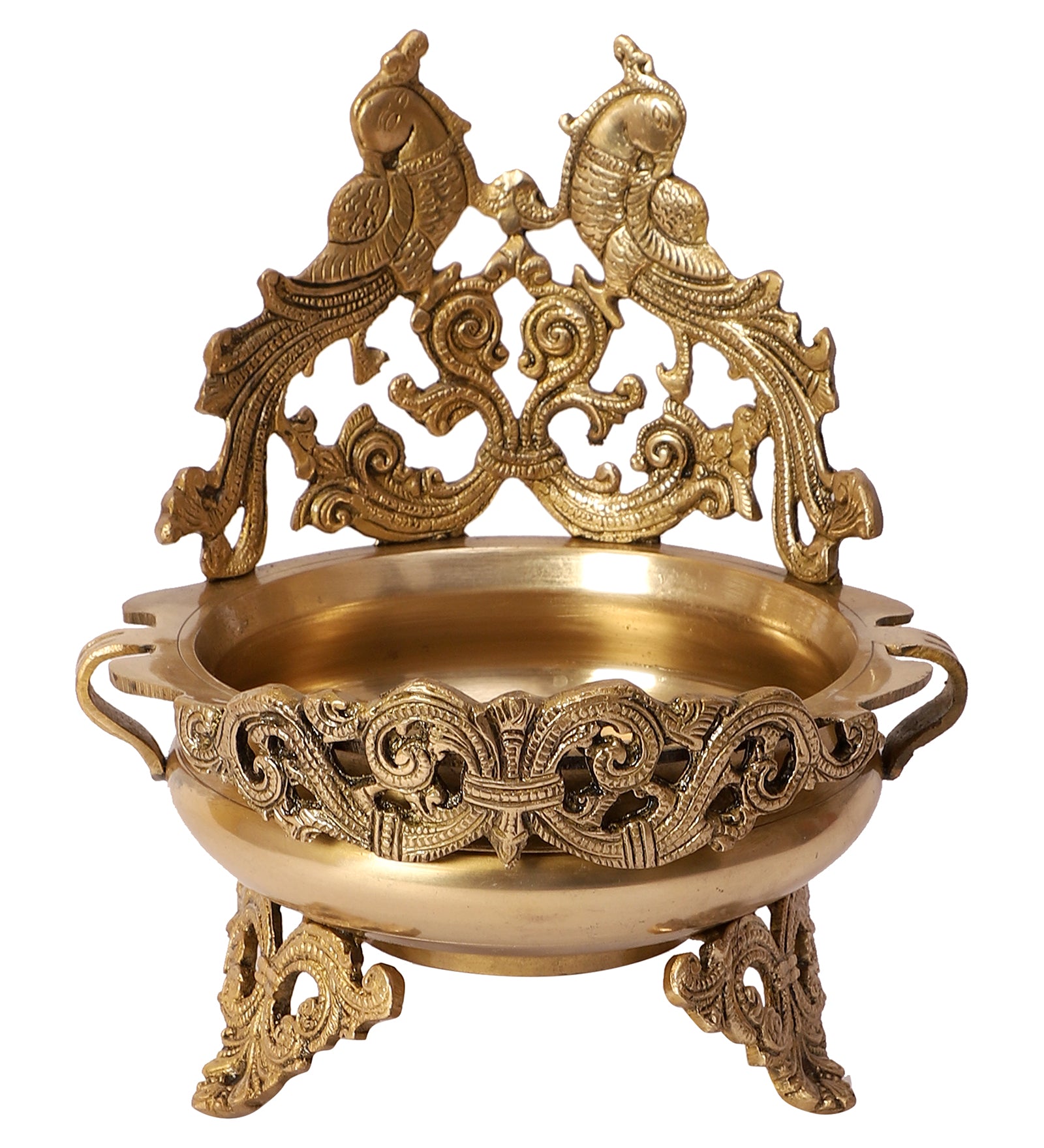 Twin Peacock Design 10 Inches Brass Urli, Brass Urli Bowl for Home Decor