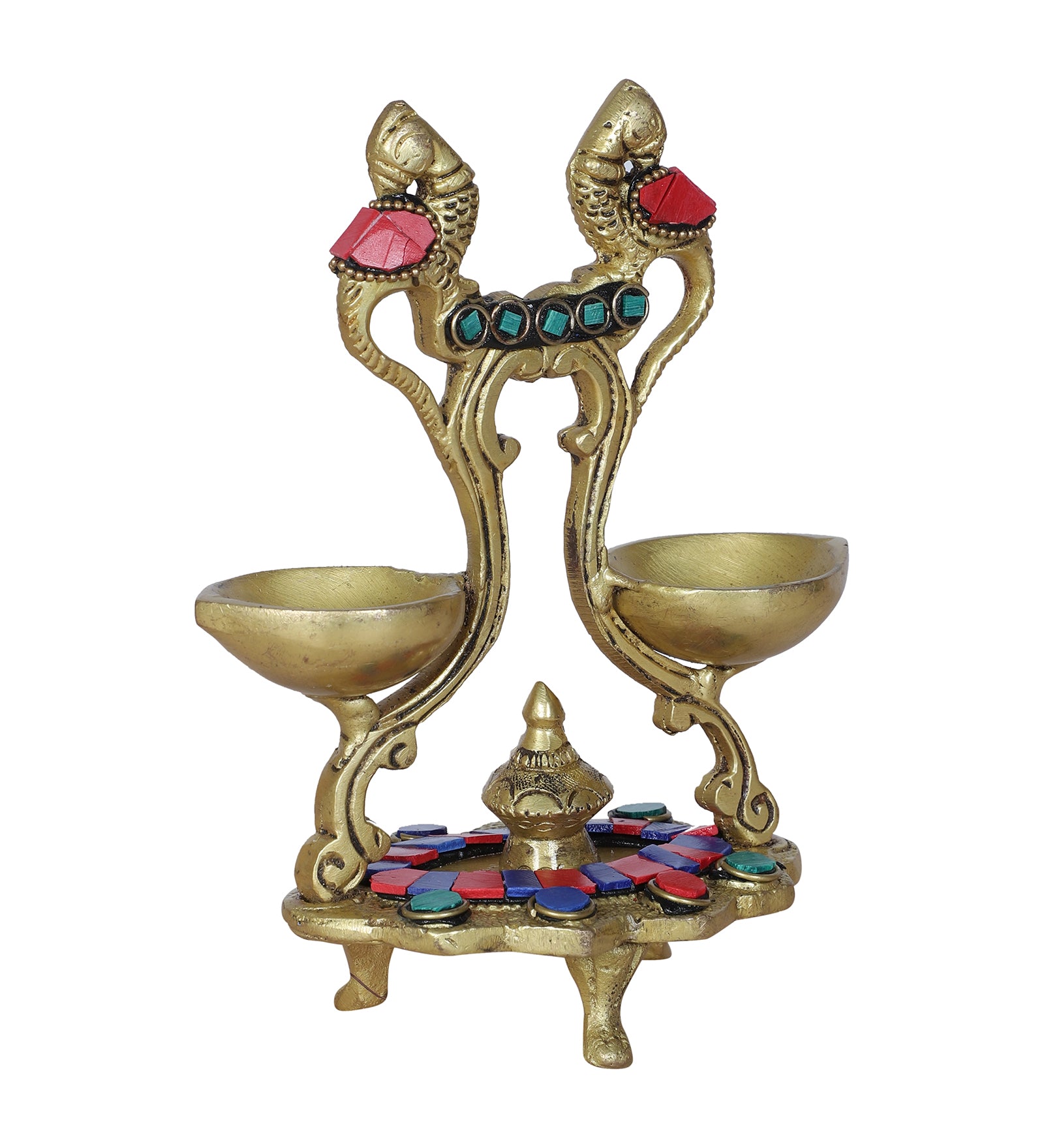 Gemstone Work Ethnic Peacock Design Twin Oil Wick Brass Diya