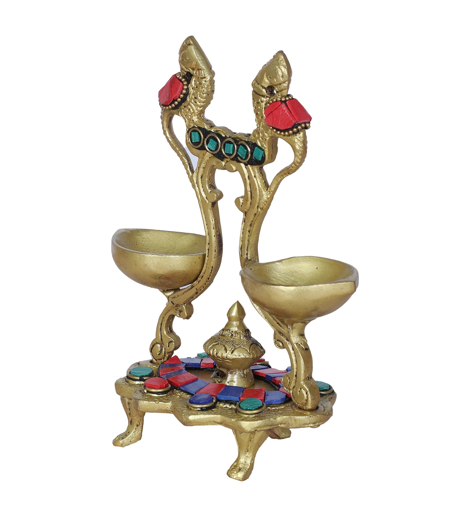 Gemstone Work Ethnic Peacock Design Twin Oil Wick Brass Diya