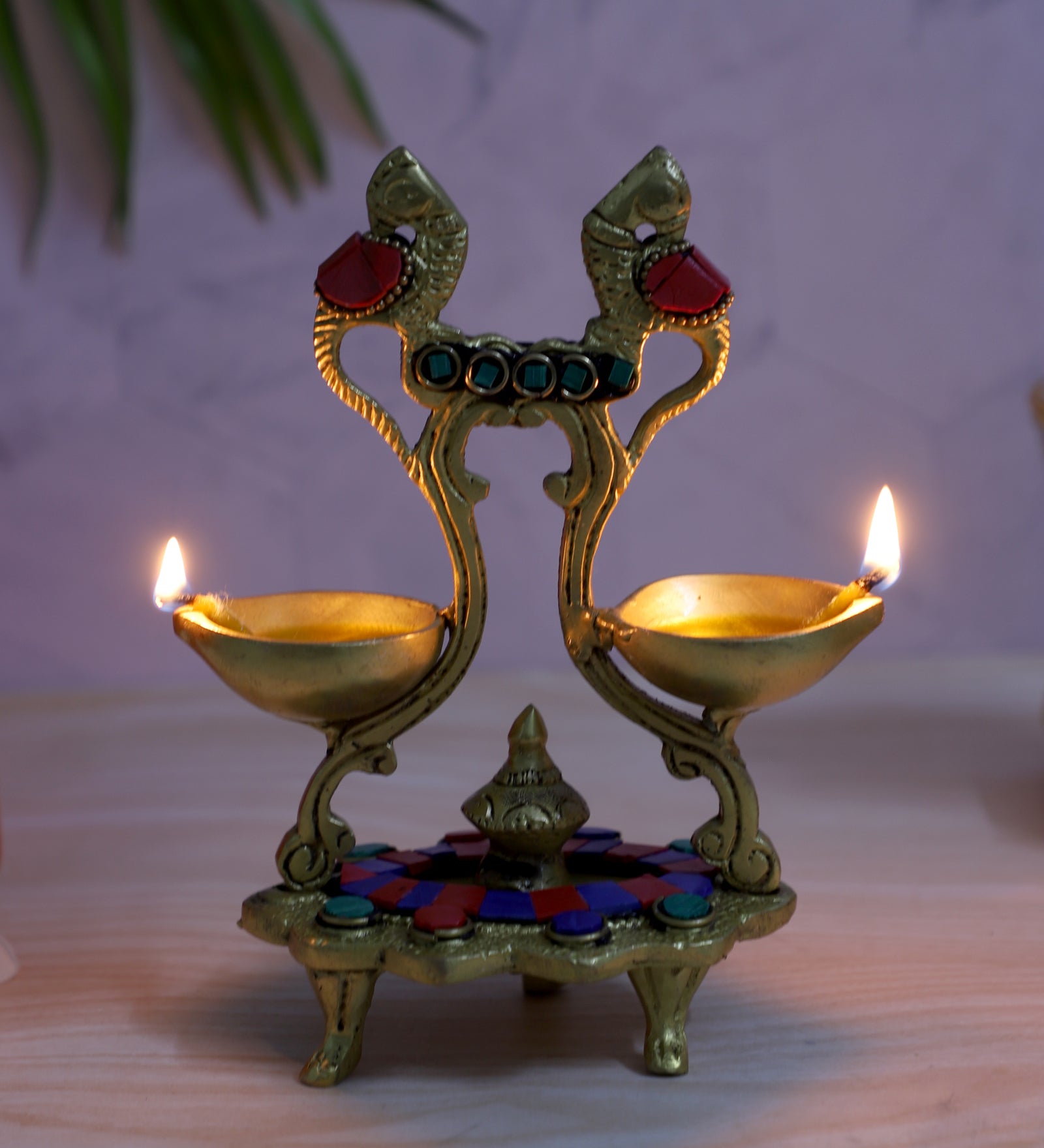 Gemstone Work Ethnic Peacock Design Twin Oil Wick Brass Diya