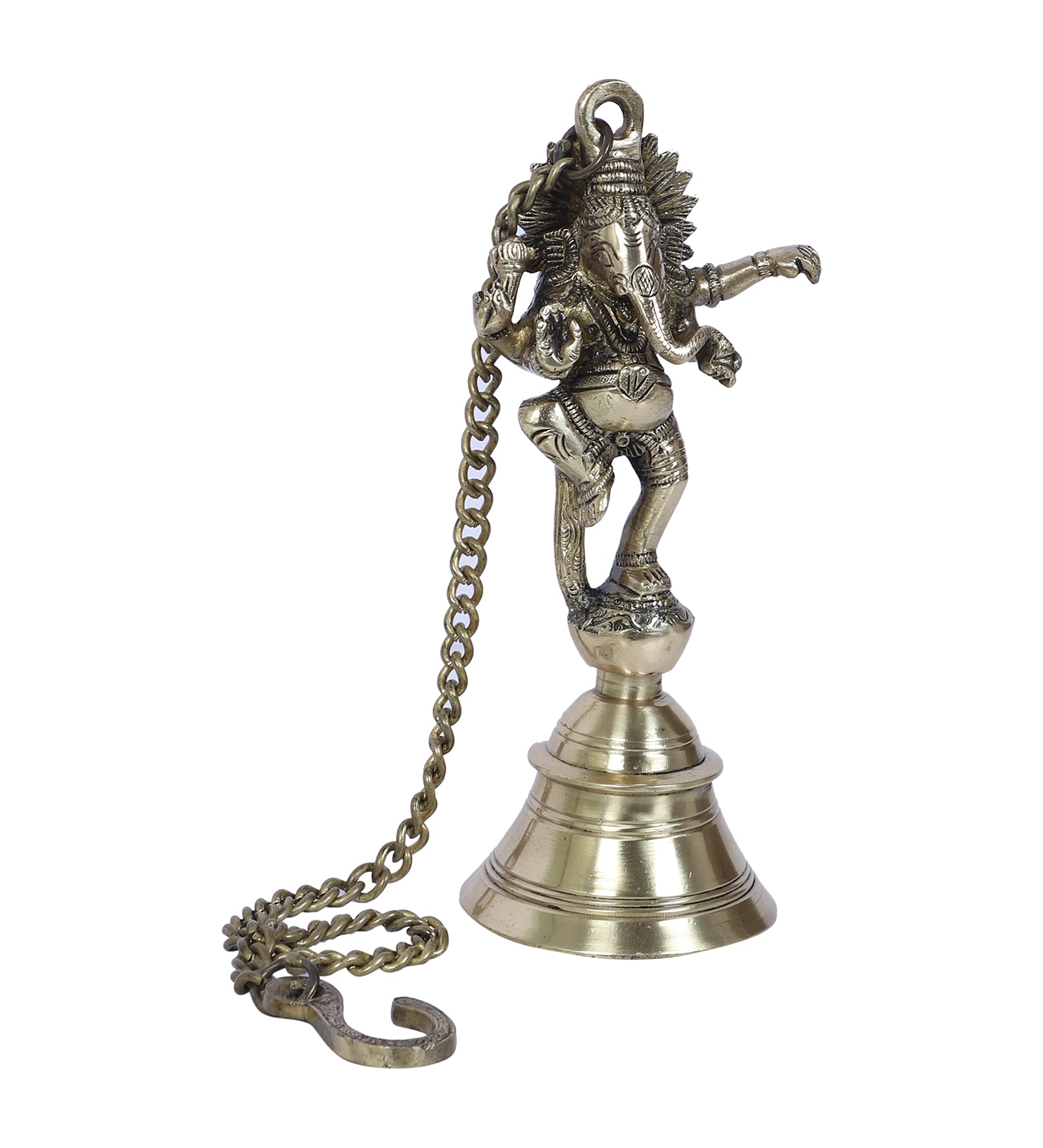 Vintage Brass Temple Bell with Dancing Ganesha On Chain, Brass Temple Bell