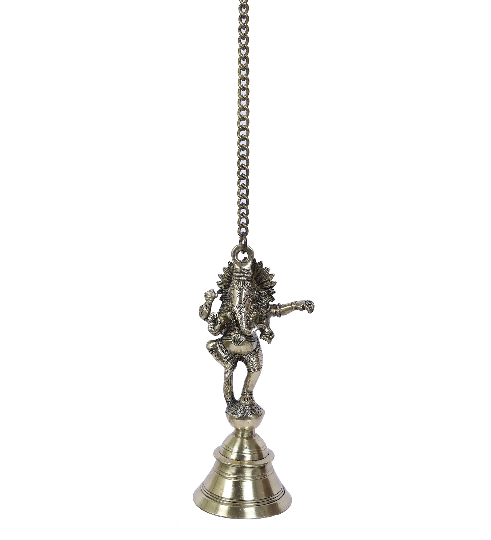 Vintage Brass Temple Bell with Dancing Ganesha On Chain, Brass Temple Bell