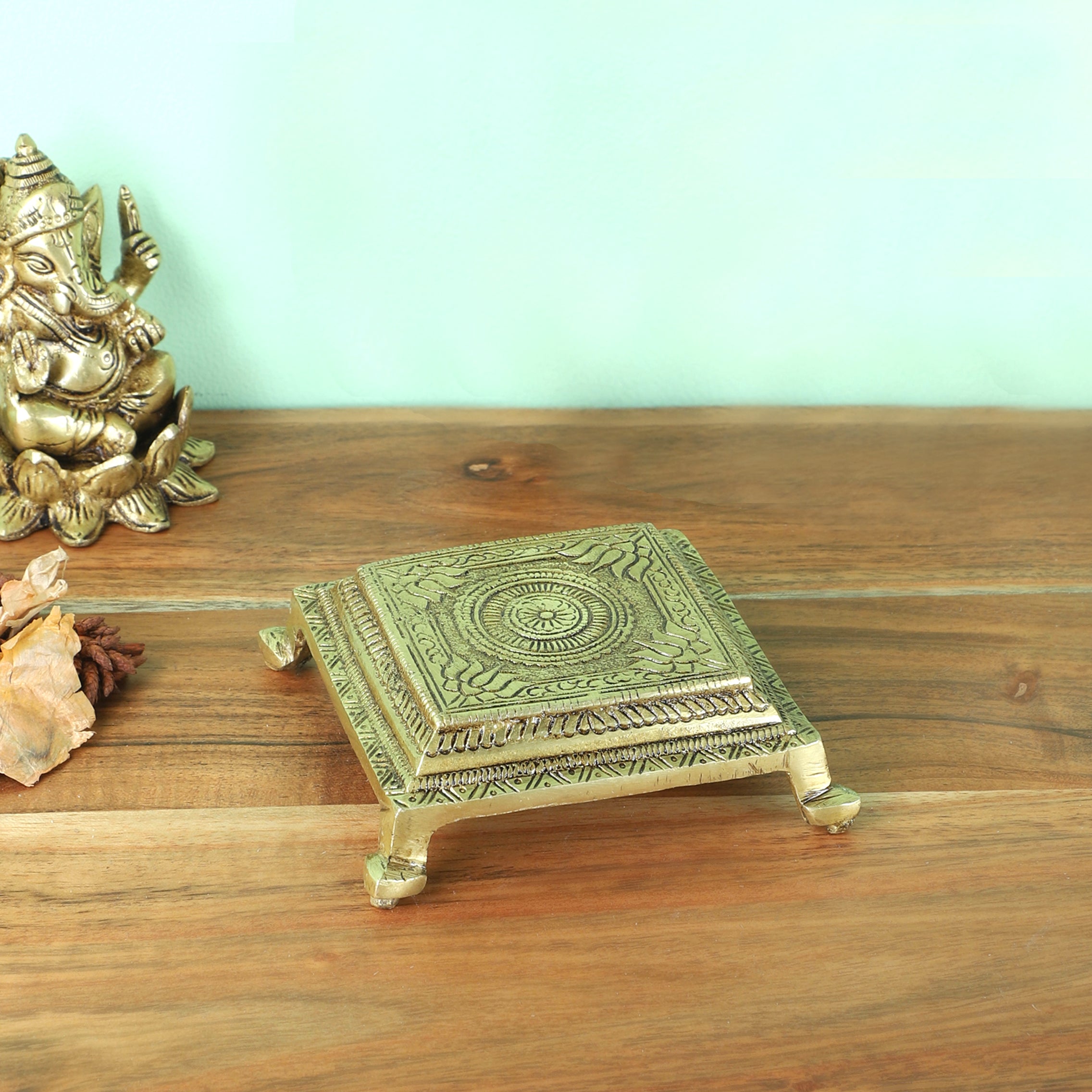 Brass Lotus Engraved 3.5 Inches Pooja Chowki, Chowki for God Idols, Temple Decor