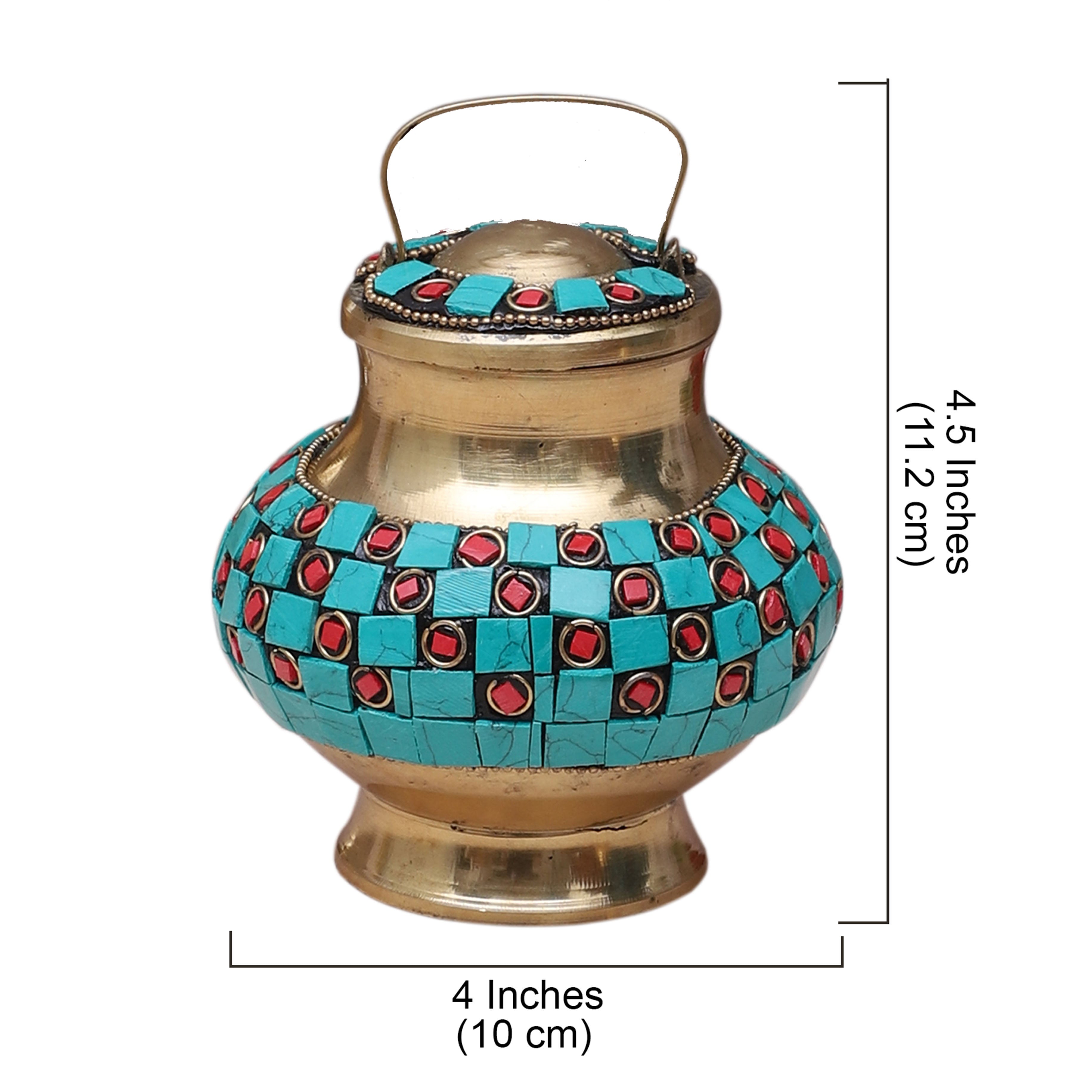 Brass Gemstone Work 4.5 Inches Holy Water Pot, Brass kamandal for Gangajal