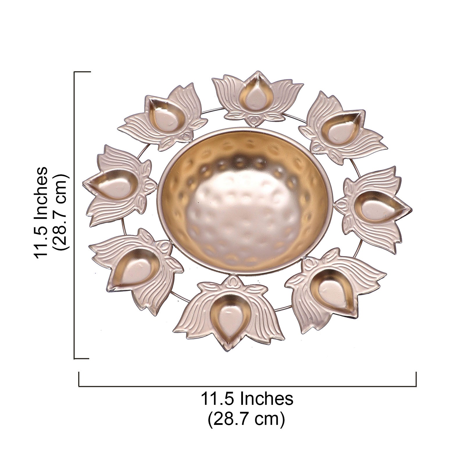 Metal 11.5 Inches Urli Bowl with Lotus Design 8 Diyas, Handcrafted Bowl for Floating Flowers