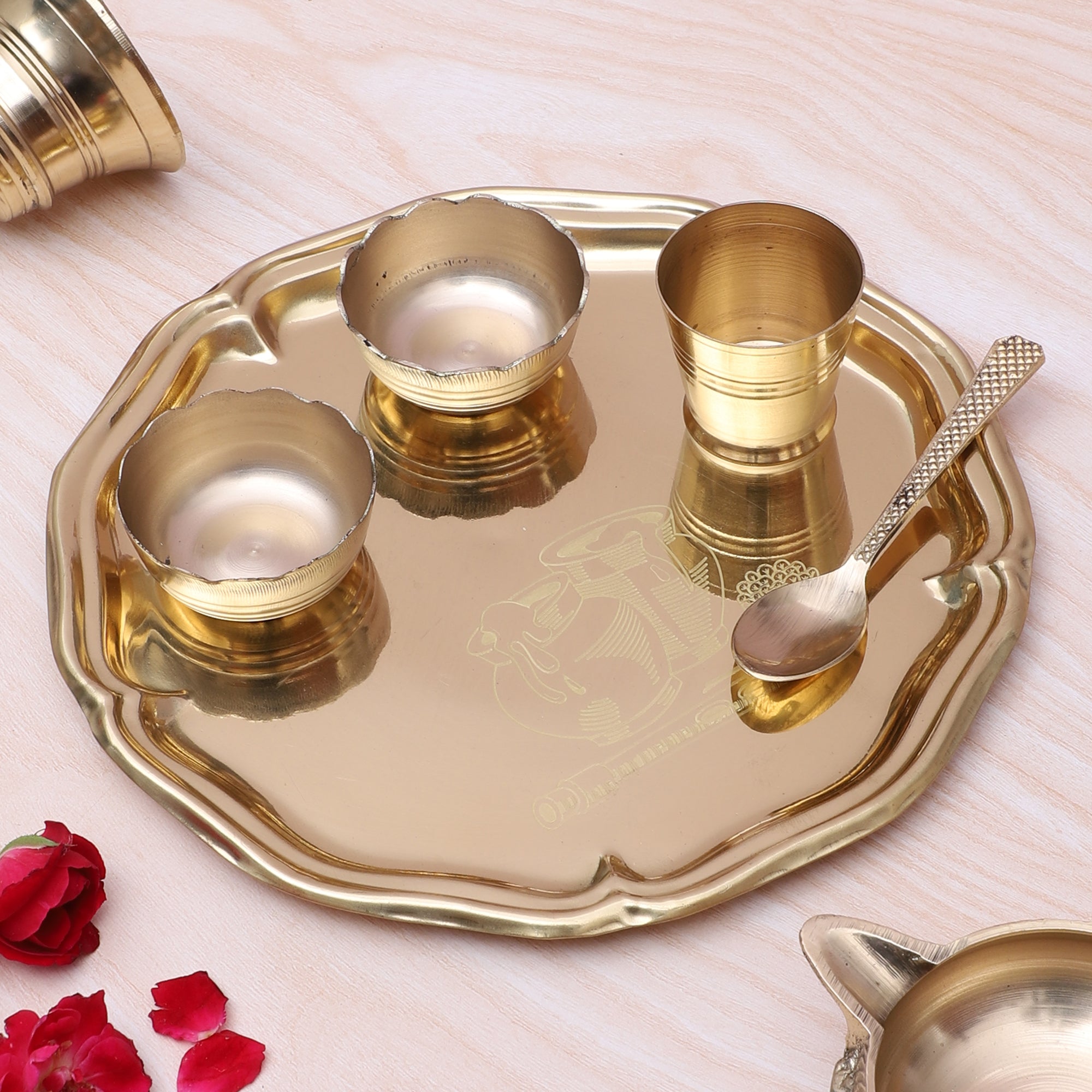 Brass 8 Inches Pooja Thali Set, Brass Pooja Plate, Brass Aarti Thali