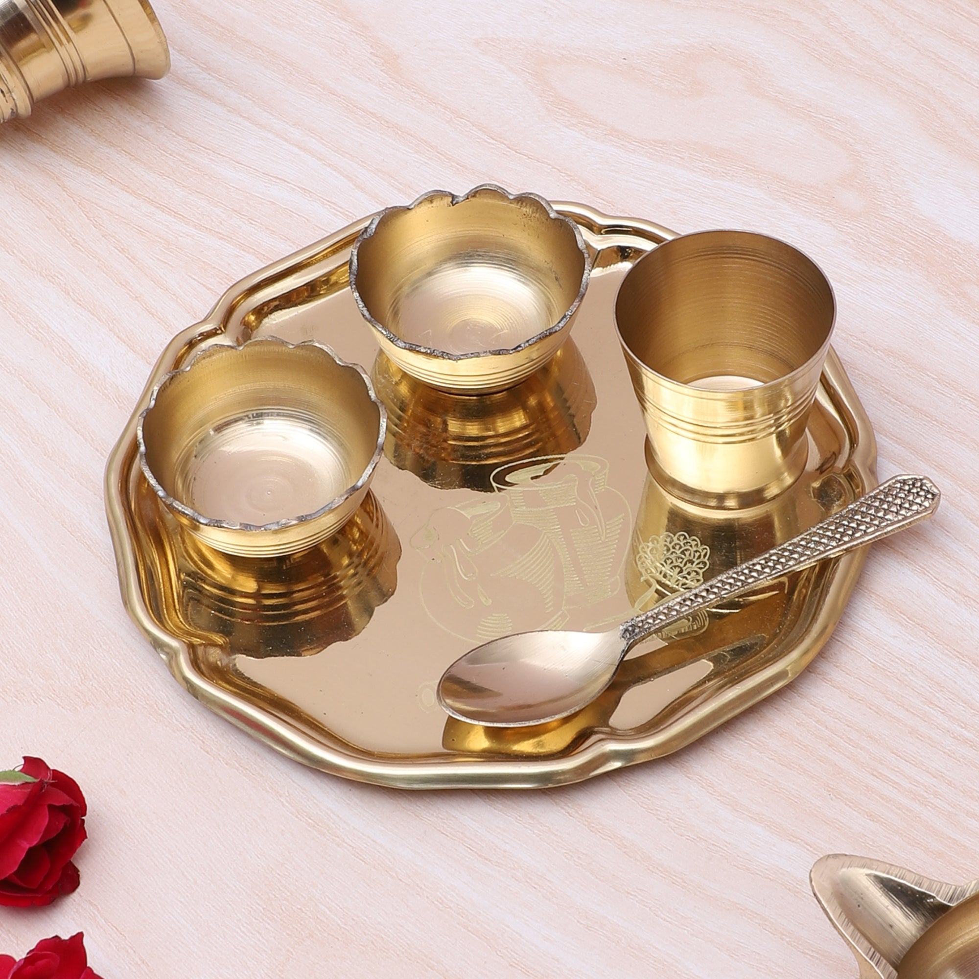 Brass 5 Inches Pooja Thali Set, Brass Thali Set for Bhog, Set of 1 Thali, 2 Katori, 1 Glass and 1 Spoon