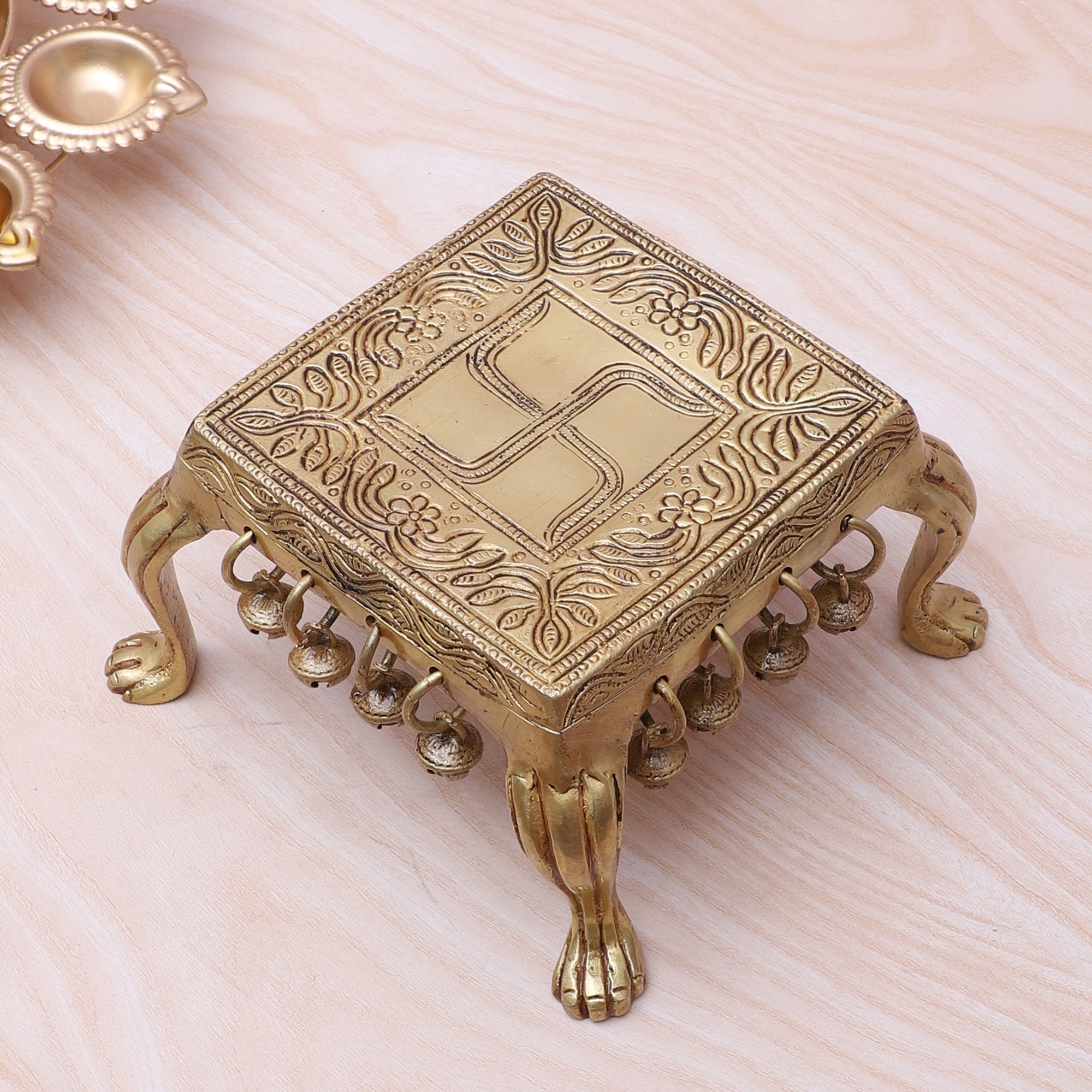 Brass Swastika Engraved 6 Inches Pooja Chowki with Bells, Antique Yellow