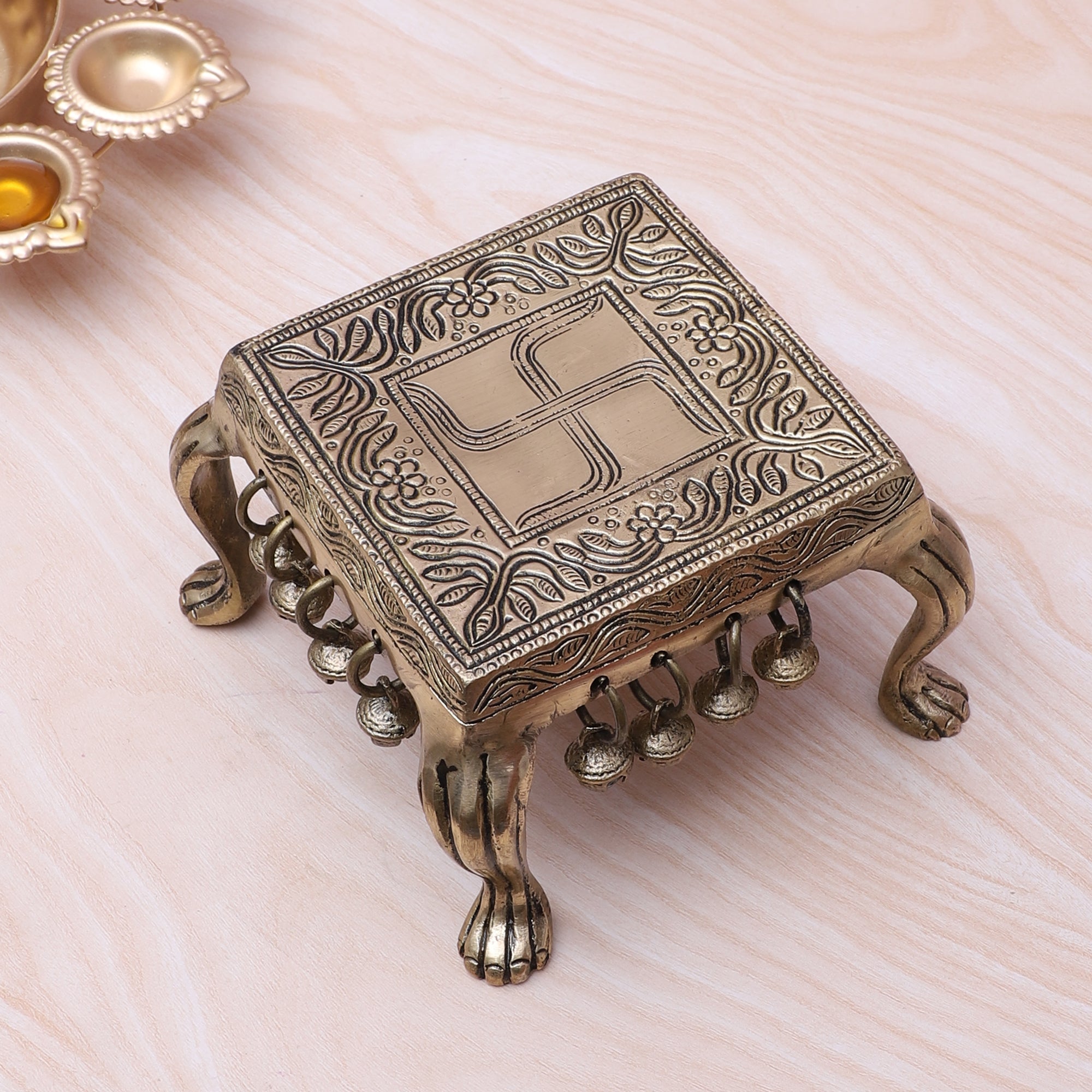 Brass Swastika Engraved 6 Inches Pooja Chowki with Bells