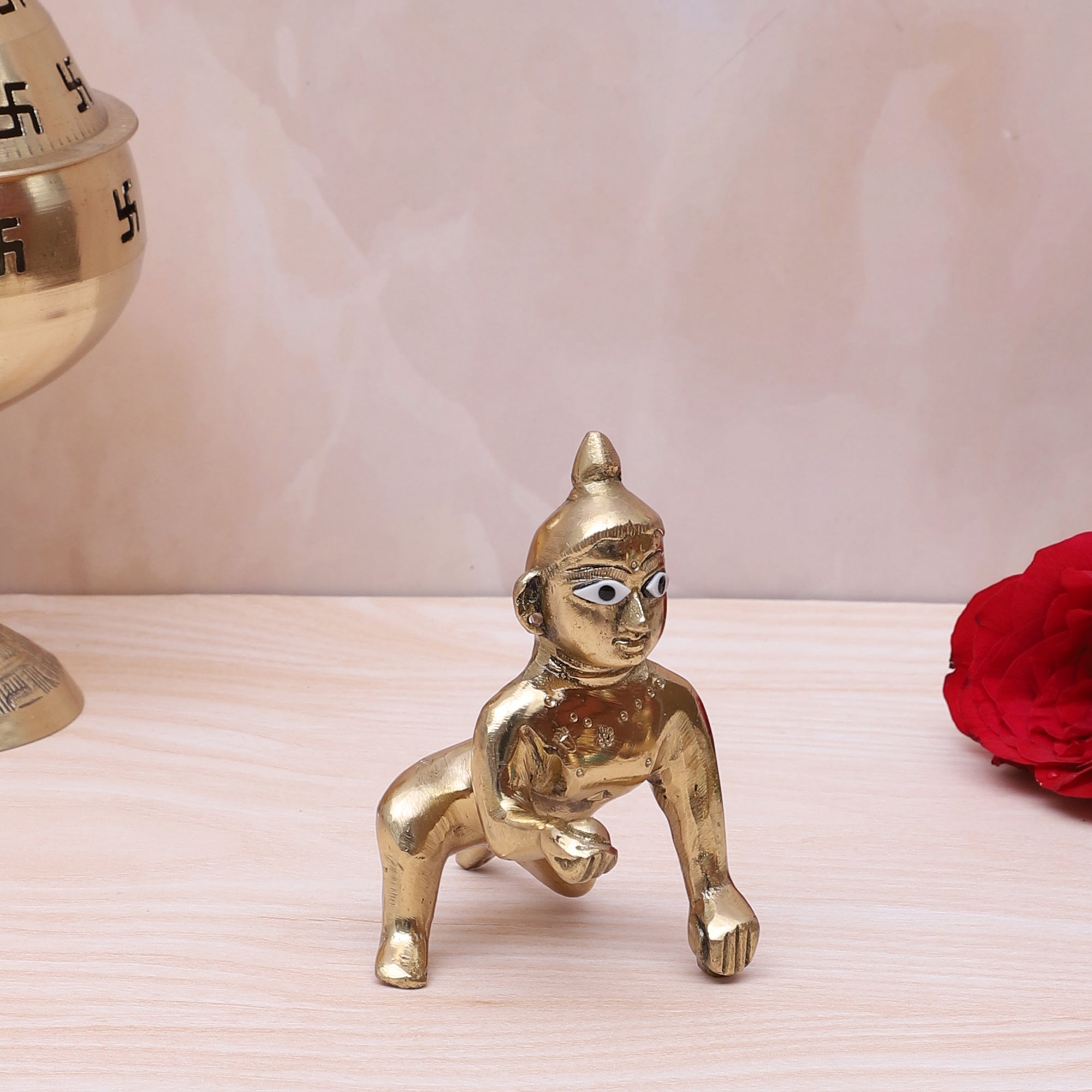 Brass 3.5 Inches Laddu Gopal Krishna Idol, Brass Laddoo Gopal Statue for Krishna Janmashtami