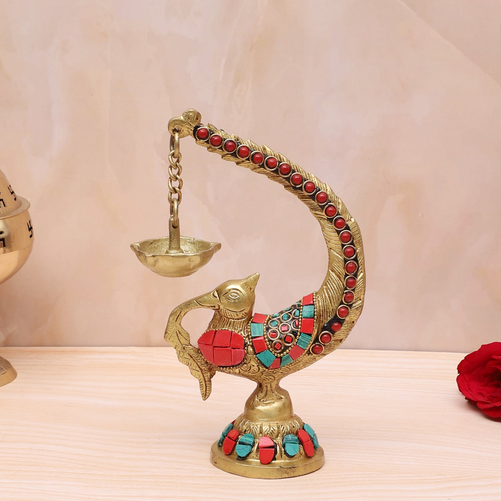 Brass Gemstone Work Annam Bird Oil Diya , Brass Diya for Temple