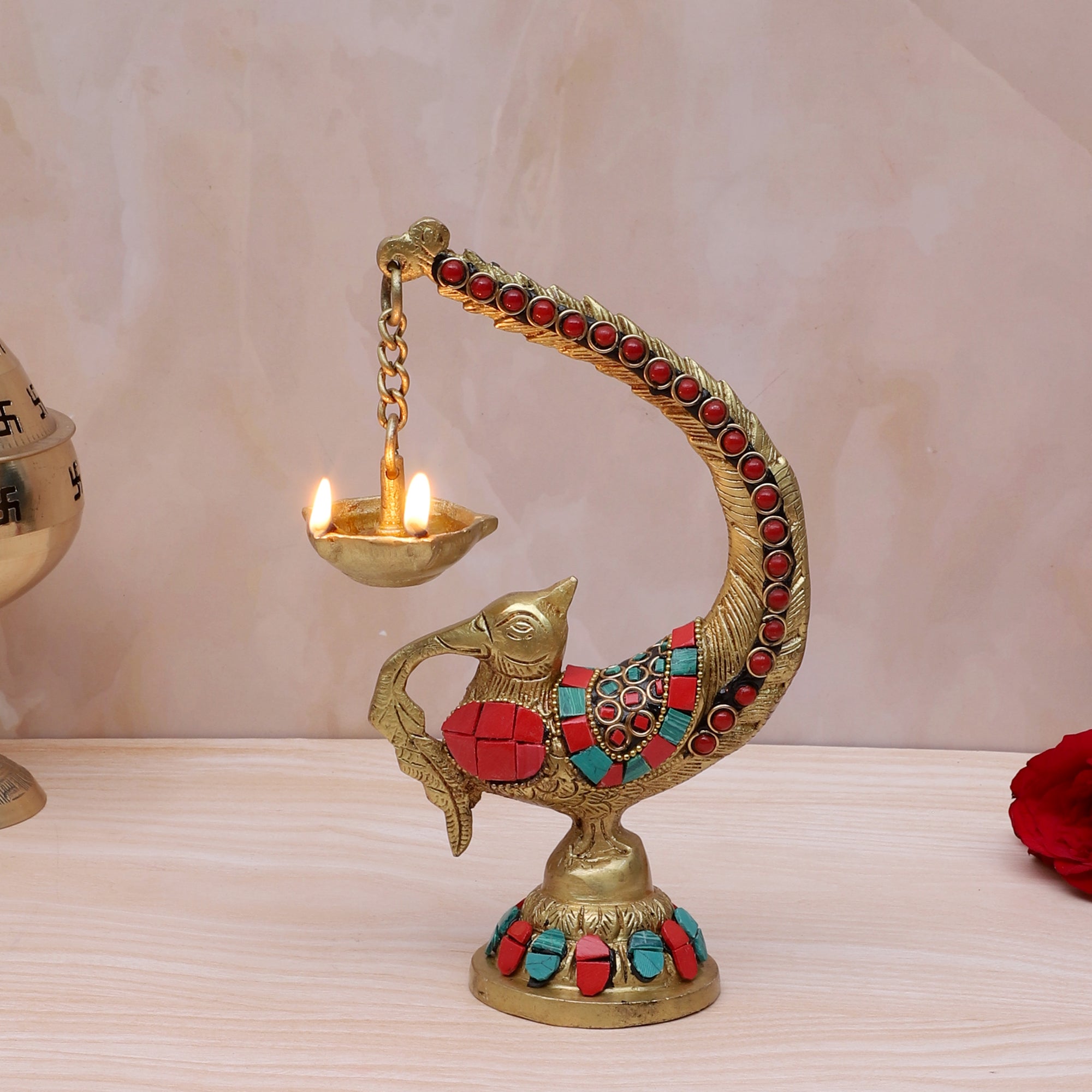 Brass Gemstone Work Annam Bird Oil Diya , Brass Diya for Temple