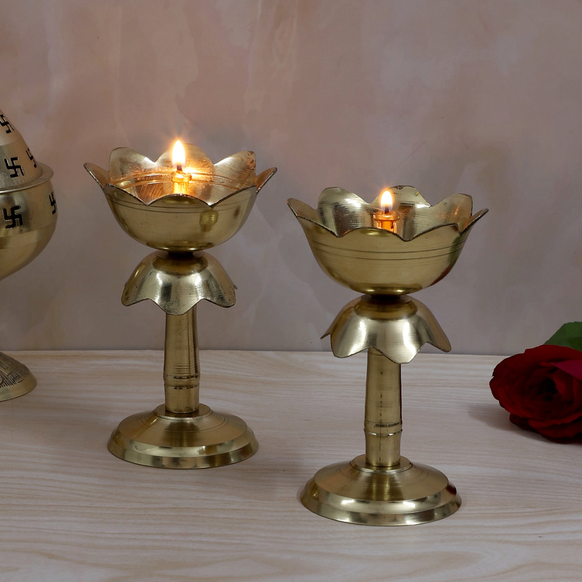 Brass Lotus Shaped 5 Inches Diya Pair, Jyoti Diyas for Home Temple