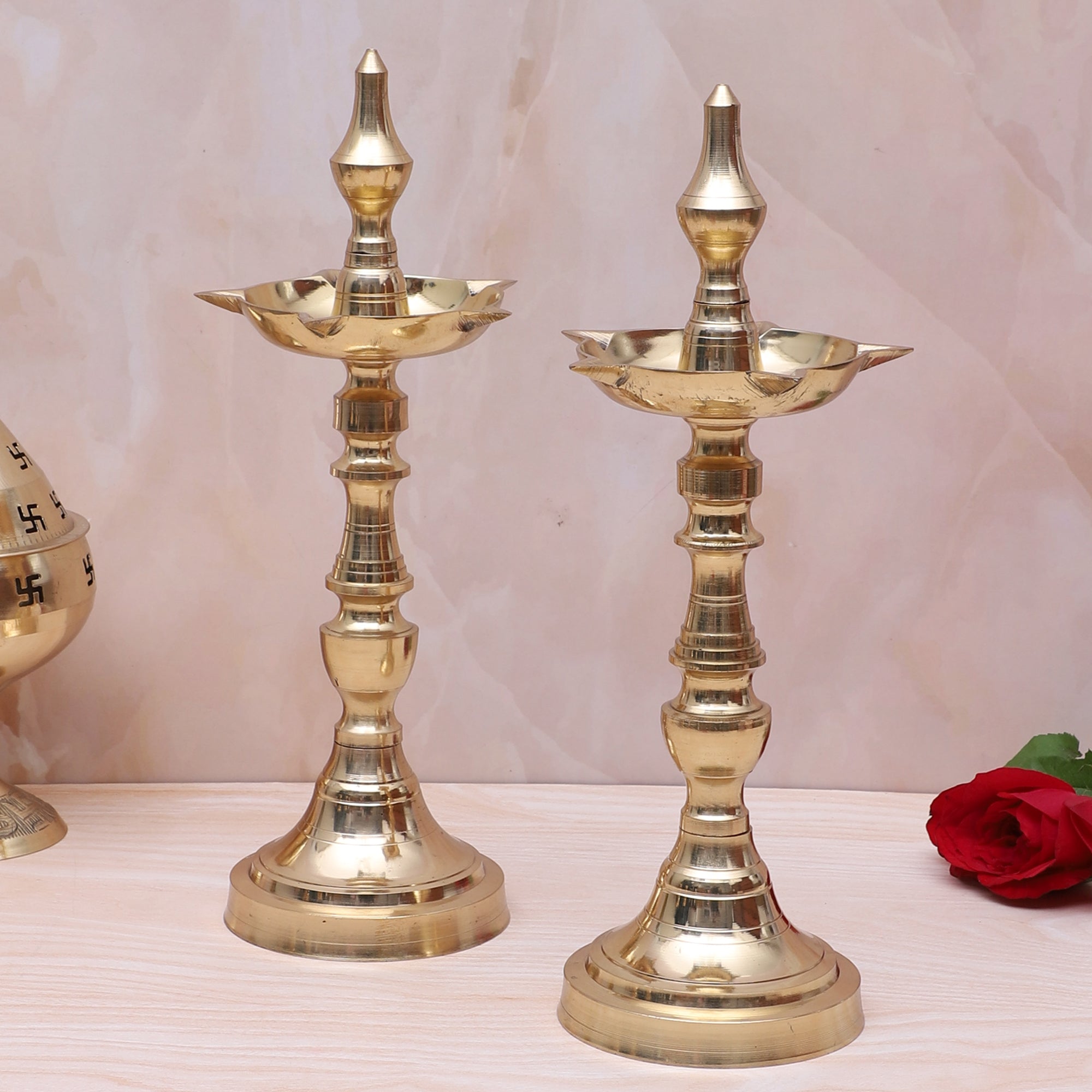 Brass 11 Inches Samai Diya, Brass Pooja Deepak Stand Pair, Brass Samai for Pooja