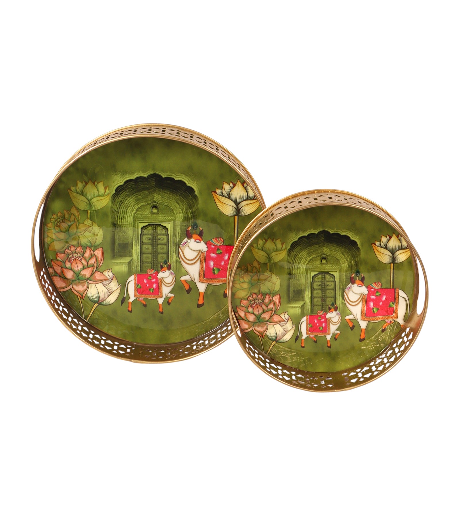 Traditional Kamdhenu Cows Design Serving Trays Set (8 Inches & 10 Inches), Serving Trays for Home Decor