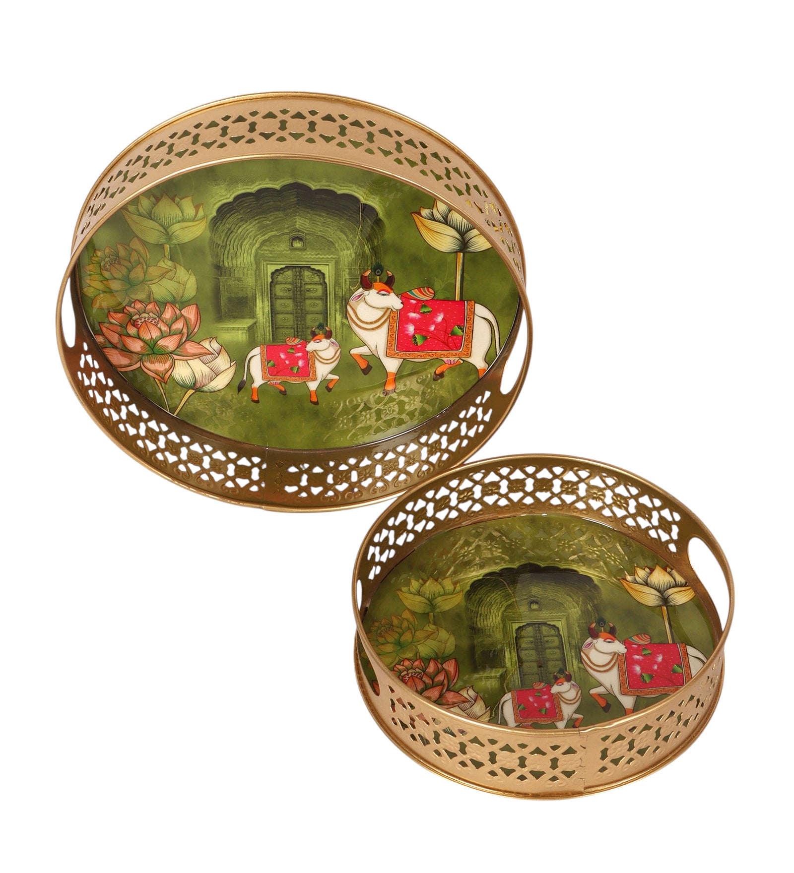 Traditional Kamdhenu Cows Design Serving Trays Set (8 Inches & 10 Inches), Serving Trays for Home Decor