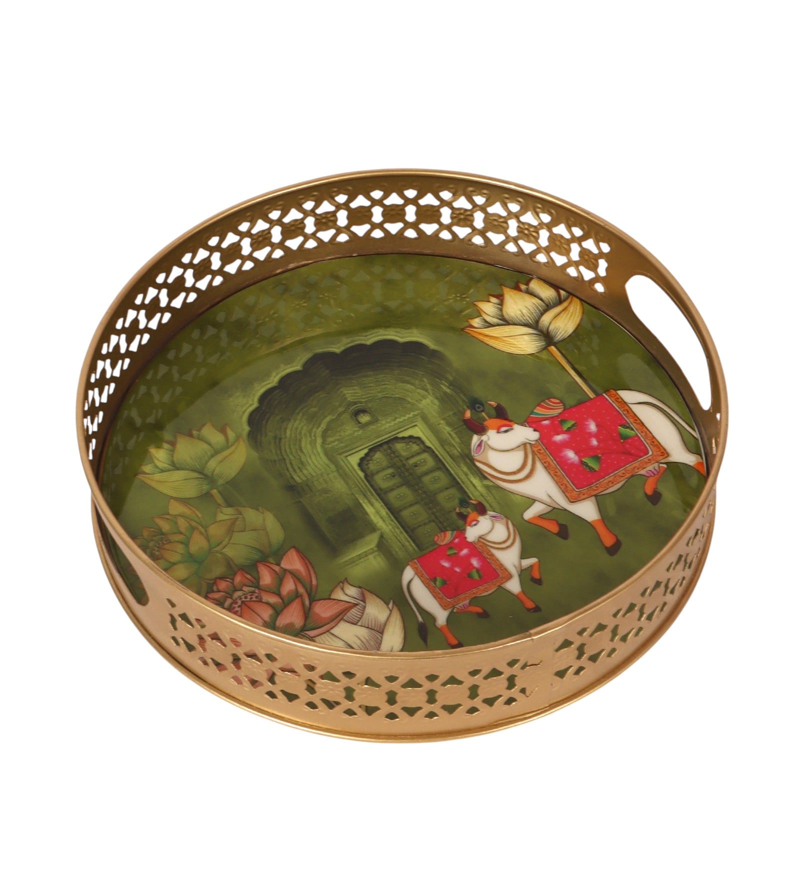 Traditional Kamdhenu Cows Design Serving Trays Set (8 Inches & 10 Inches), Serving Trays for Home Decor