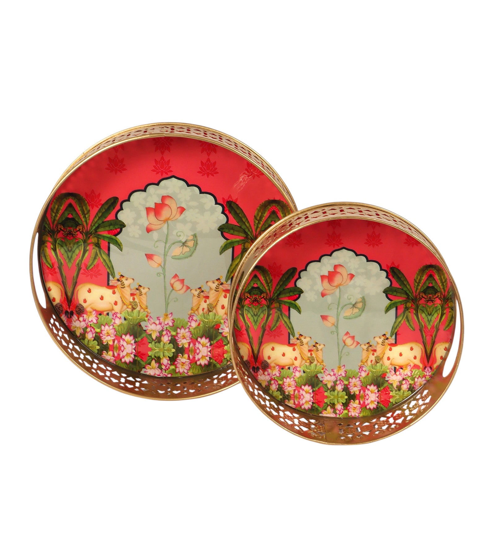 Ethnic Kamdhenu Cows Design Serving Trays Set (8 Inches & 10 Inches), Serving Trays for Home Decor