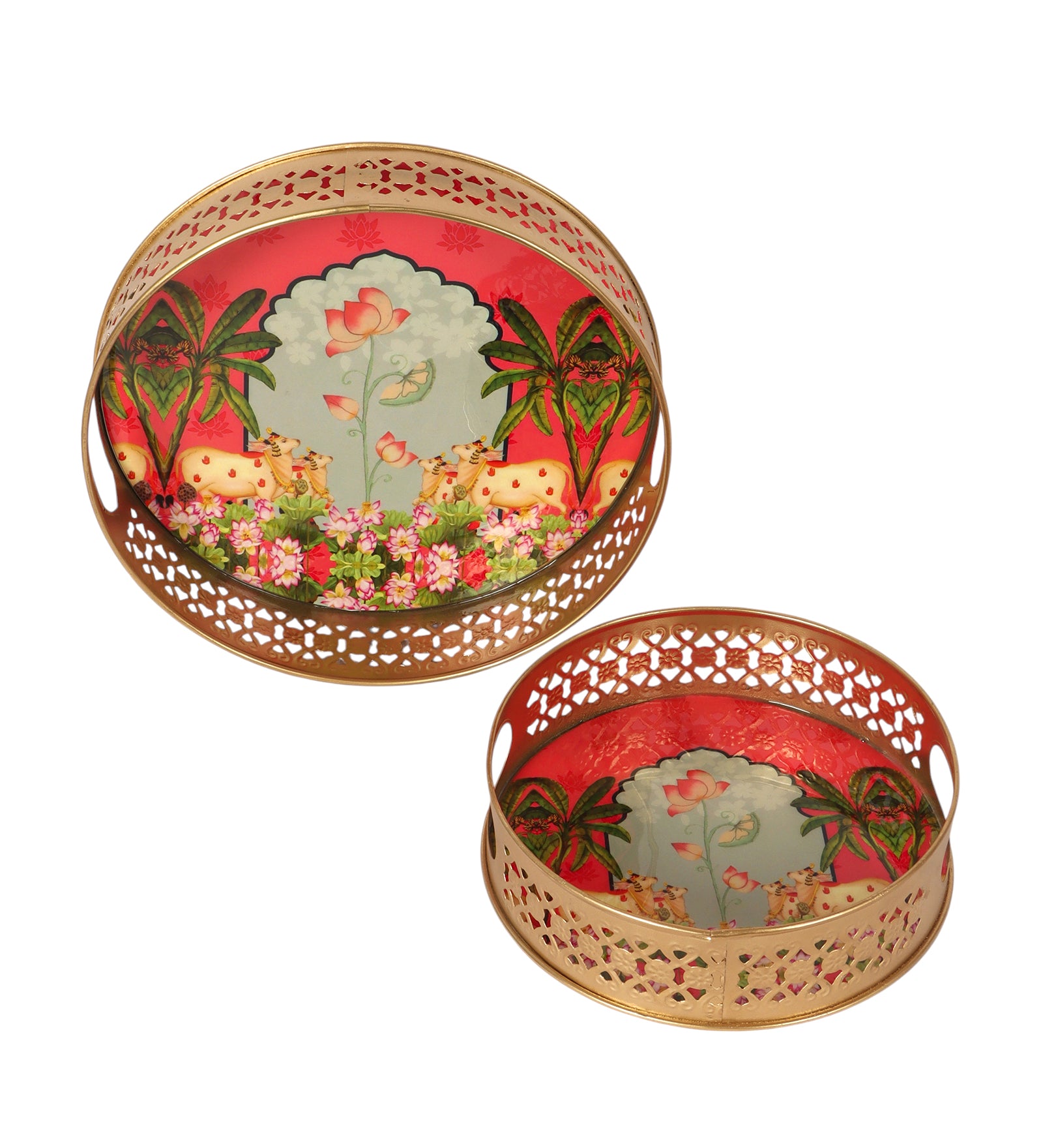 Ethnic Kamdhenu Cows Design Serving Trays Set (8 Inches & 10 Inches), Serving Trays for Home Decor