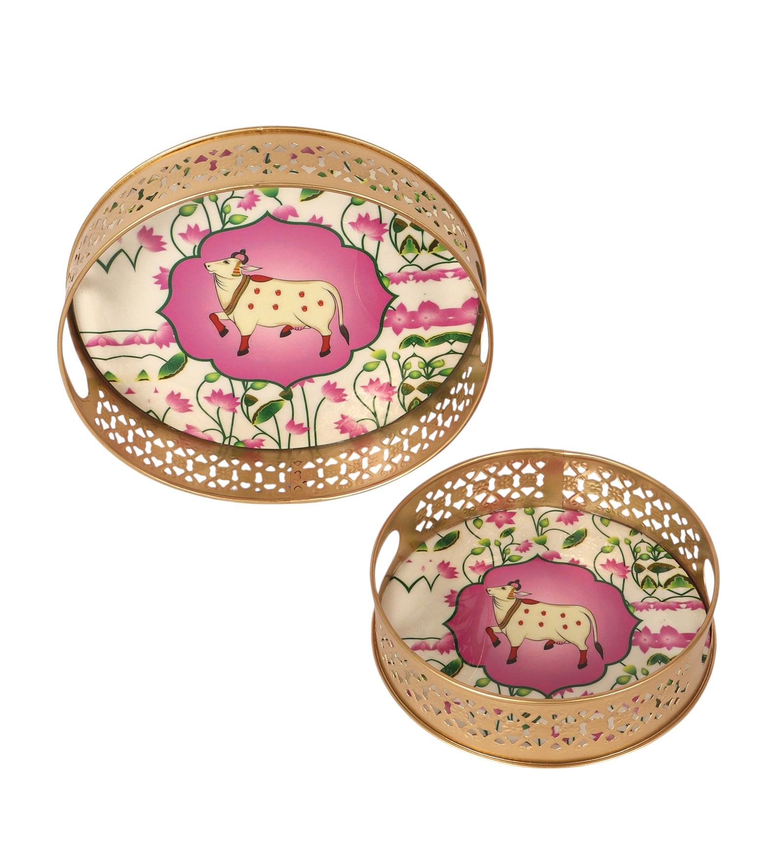 Kamdhenu Cow in Lotus Flower Pattern Design Pichwai Trays Set (8 Inches & 10 Inches), Serving Plates for Home