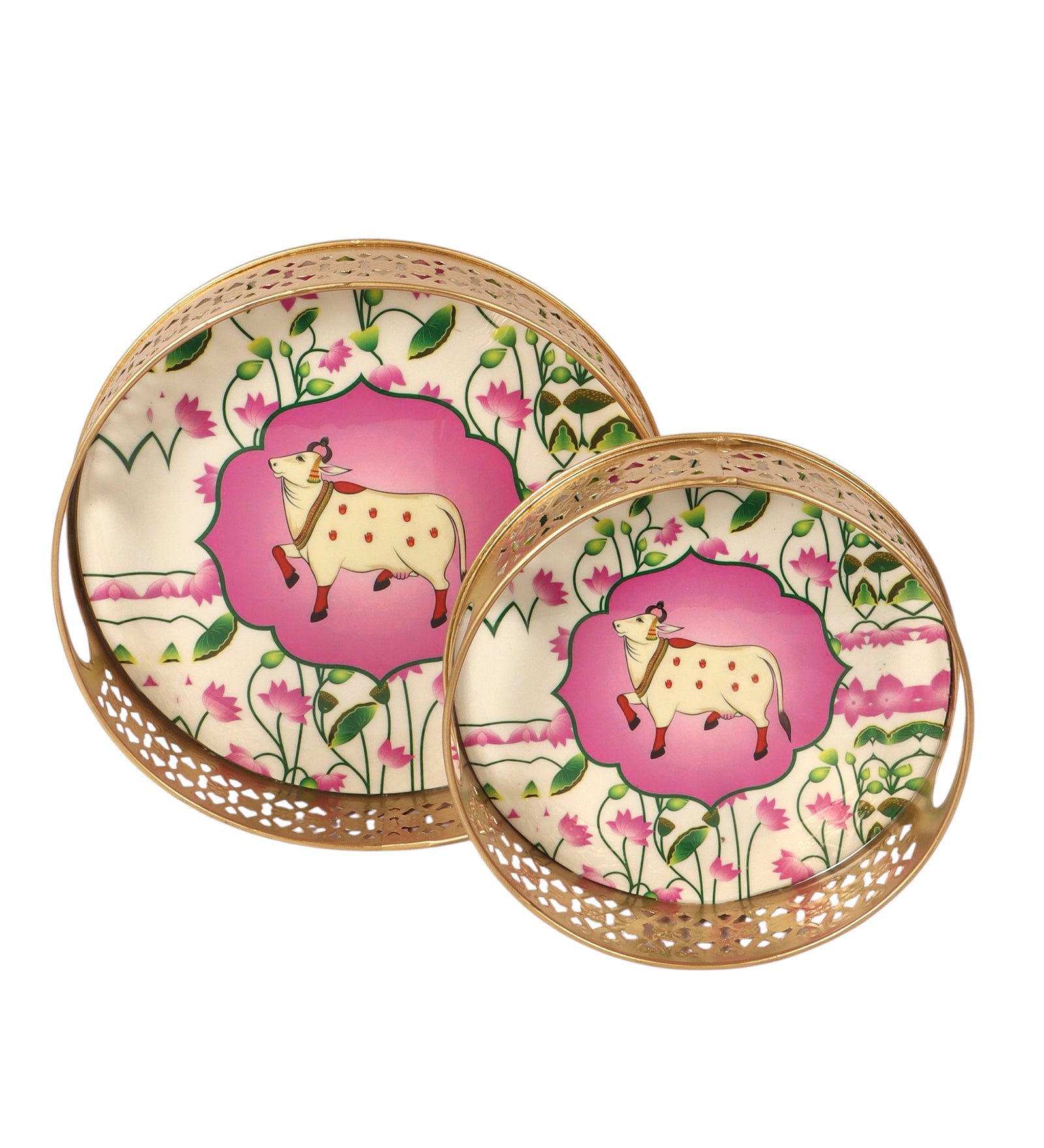 Kamdhenu Cow in Lotus Flower Pattern Design Pichwai Trays Set (8 Inches & 10 Inches), Serving Plates for Home