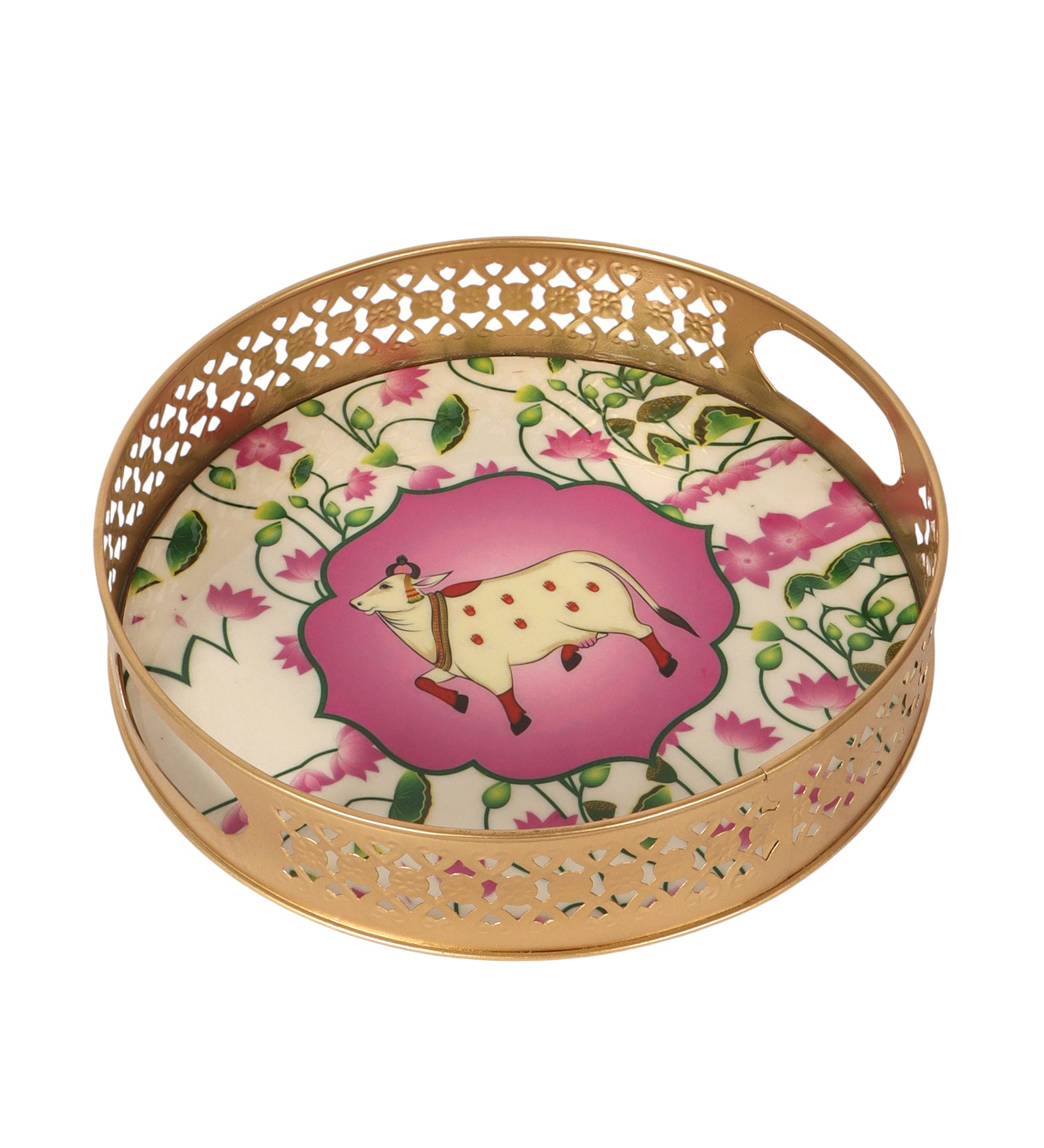 Kamdhenu Cow in Lotus Flower Pattern Design Pichwai Trays Set (8 Inches & 10 Inches), Serving Plates for Home