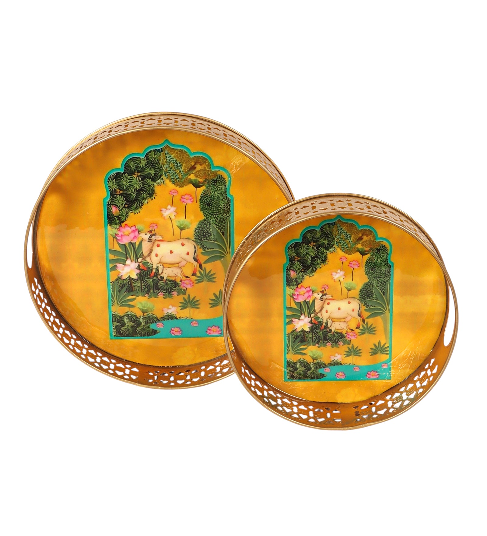 Kamdhenu Cow in Lotus Garden Design Serving Trays Set (8 Inches & 10 Inches), Premium Metal Decorative Trays
