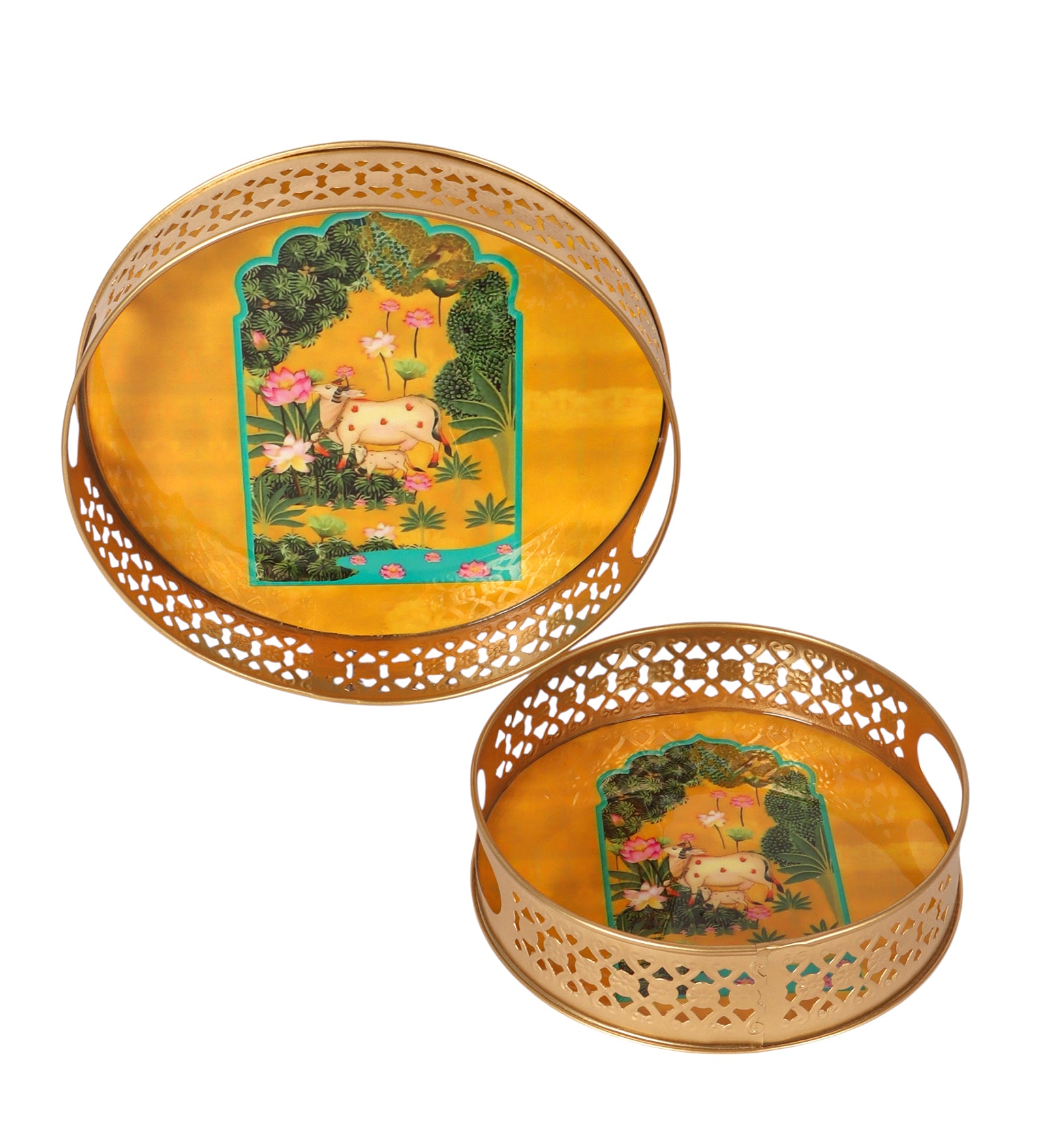 Kamdhenu Cow in Lotus Garden Design Serving Trays Set (8 Inches & 10 Inches), Premium Metal Decorative Trays