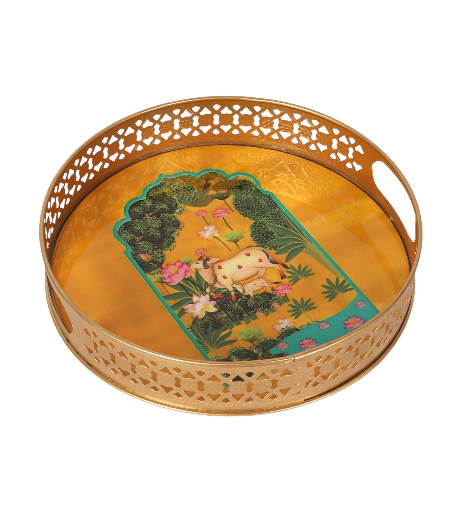 Kamdhenu Cow in Lotus Garden Design Serving Trays Set (8 Inches & 10 Inches), Premium Metal Decorative Trays