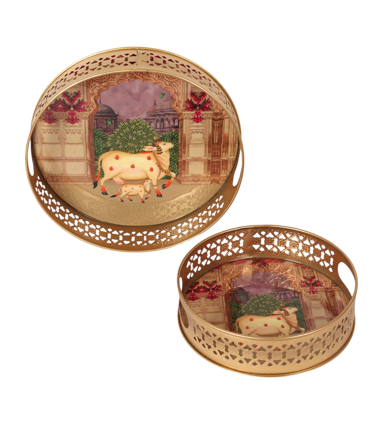 Royal Kamdhenu Cow with Calf Design Pichwai Trays Set (8 Inches & 10 Inches), Serving Plates for Home