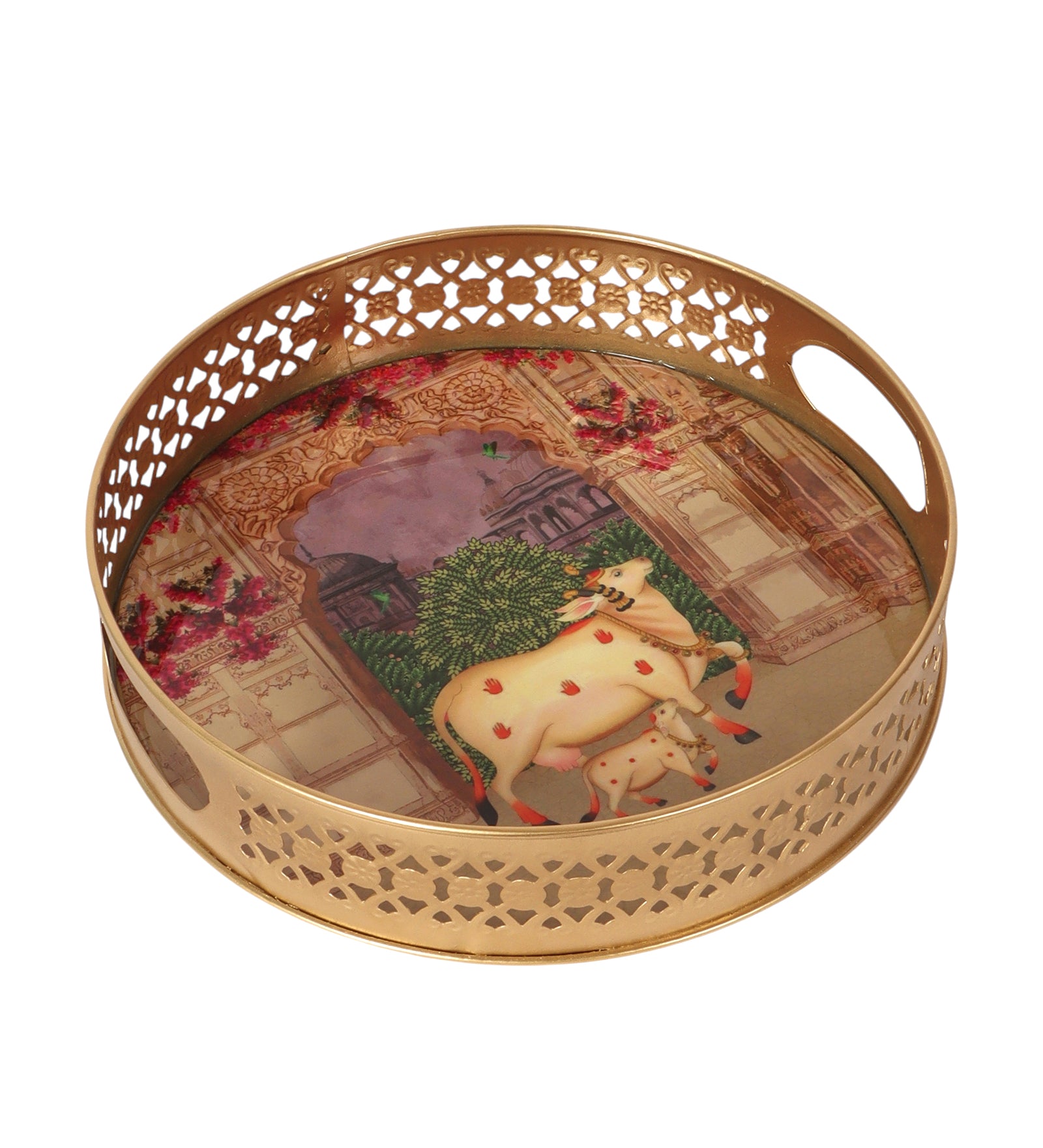 Royal Kamdhenu Cow with Calf Design Pichwai Trays Set (8 Inches & 10 Inches), Serving Plates for Home