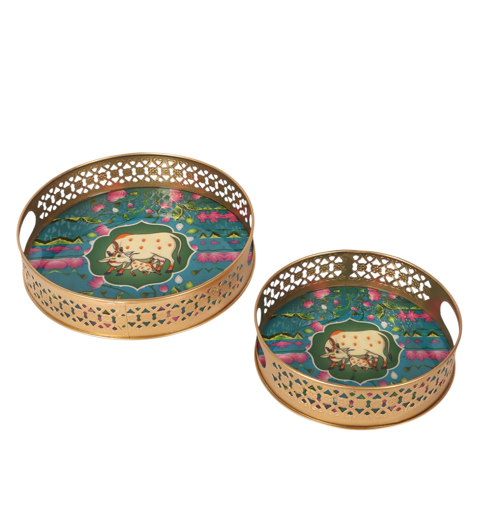 Kamdhenu Cow with Calf Design Serving Trays Set (8 Inches & 10 Inches), Serving Plates for Home