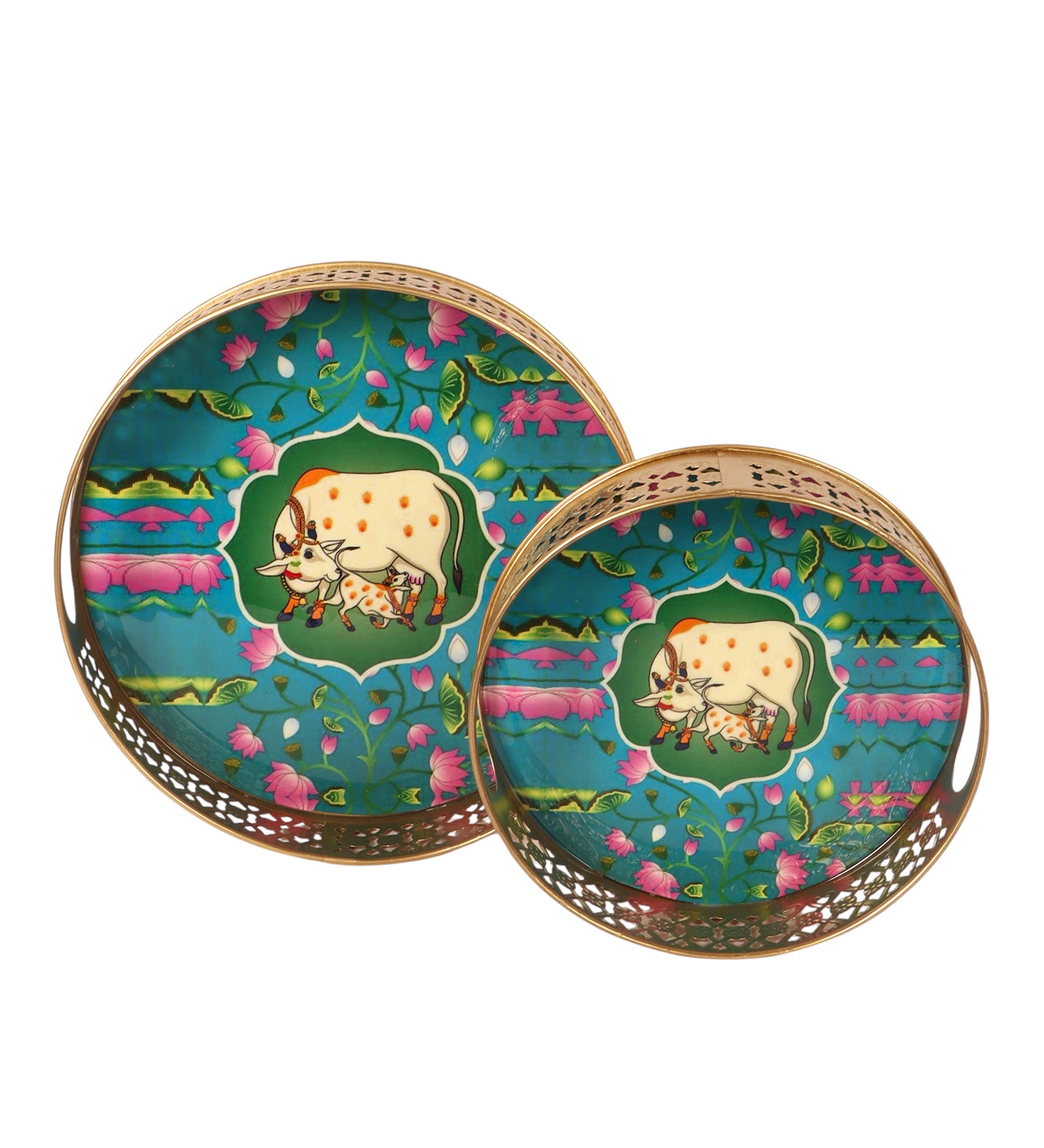 Kamdhenu Cow with Calf Design Serving Trays Set (8 Inches & 10 Inches), Serving Plates for Home
