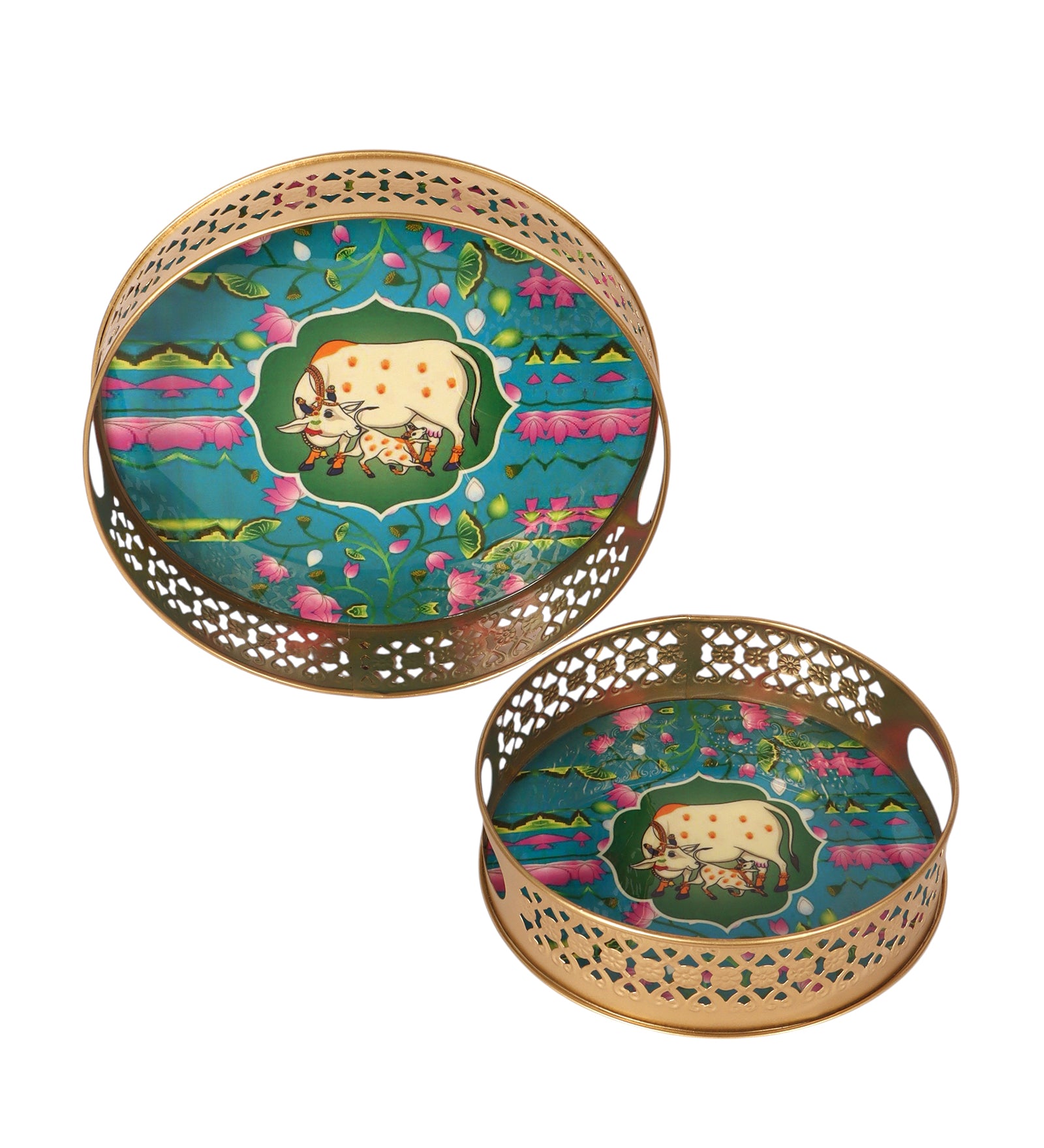 Kamdhenu Cow with Calf Design Serving Trays Set (8 Inches & 10 Inches), Serving Plates for Home
