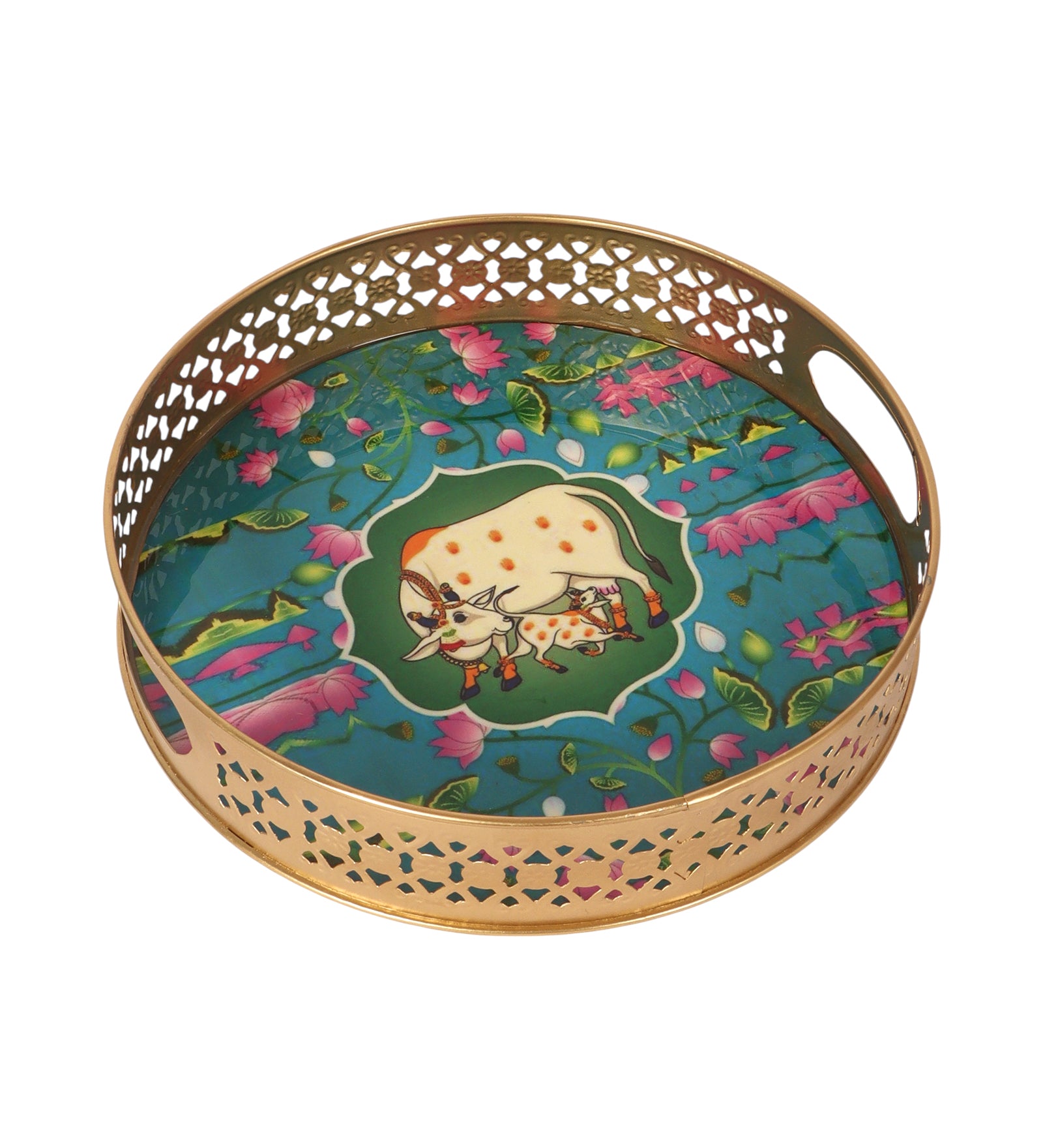 Kamdhenu Cow with Calf Design Serving Trays Set (8 Inches & 10 Inches), Serving Plates for Home